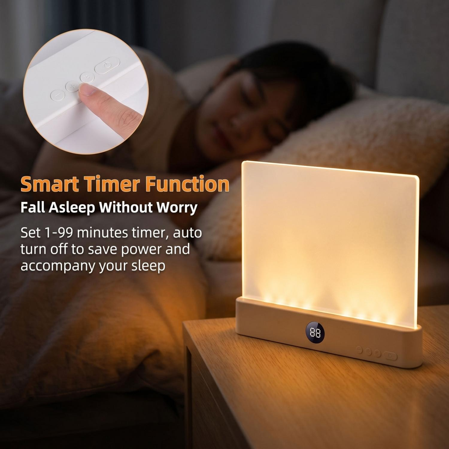 Ein Mann stellt einen Timer auf einer Nachttischlampe ein, die neben einem schlafenden Mann steht.