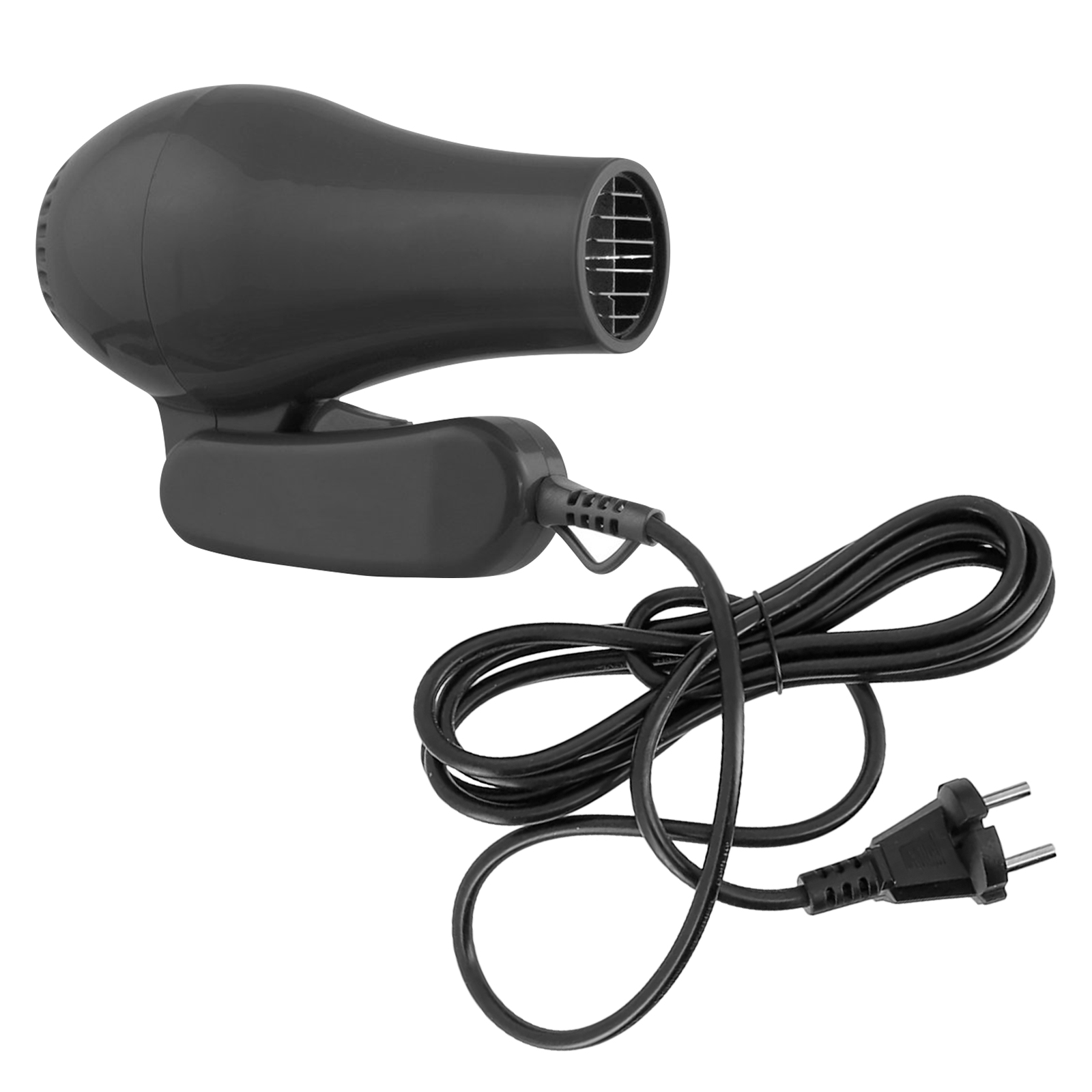 Ein dunkelgrauer Haartrockner mit schwarzem Kabel und Stecker auf Weiß.