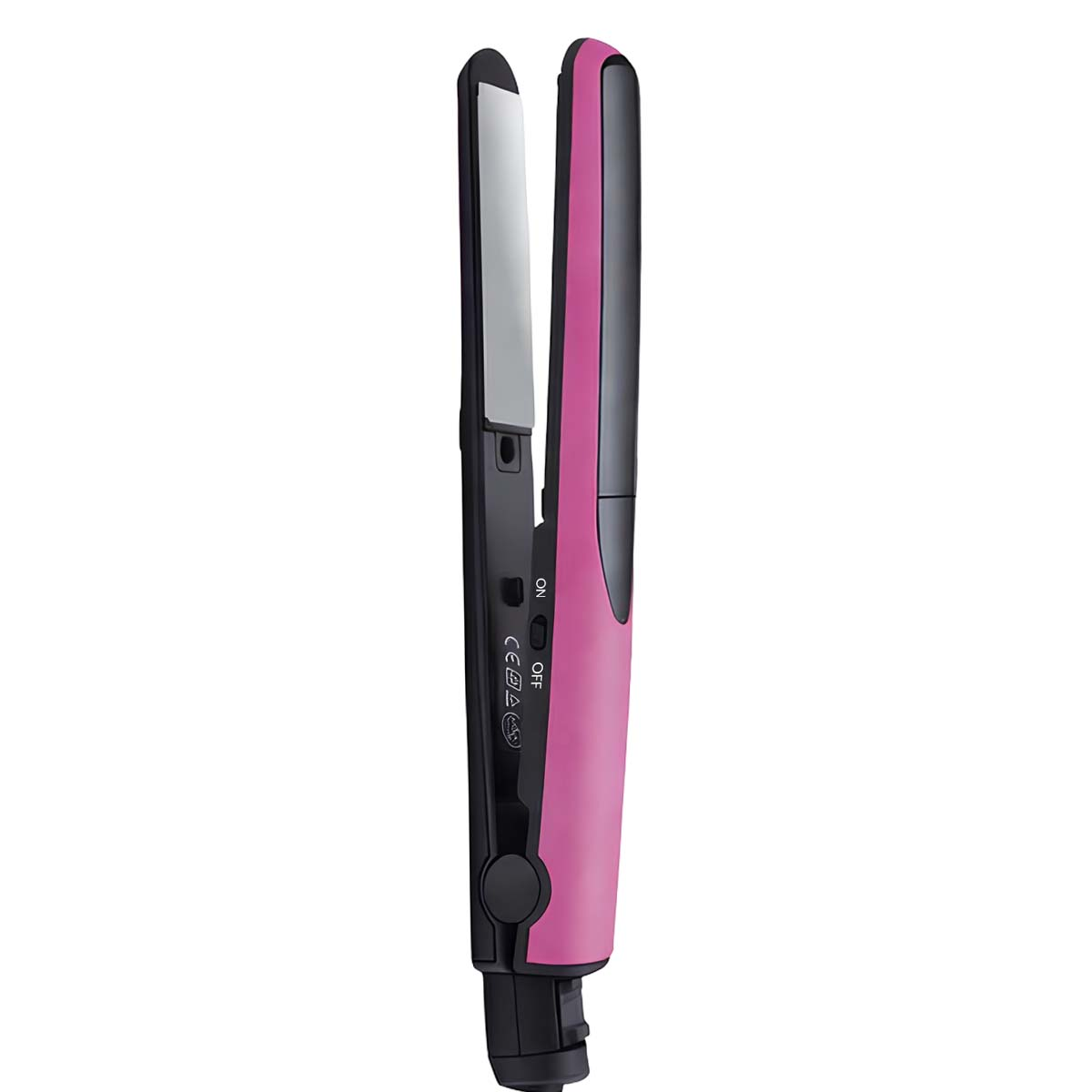 Ein pinker und schwarzer Haarglätter mit eingeschaltetem Schalter.