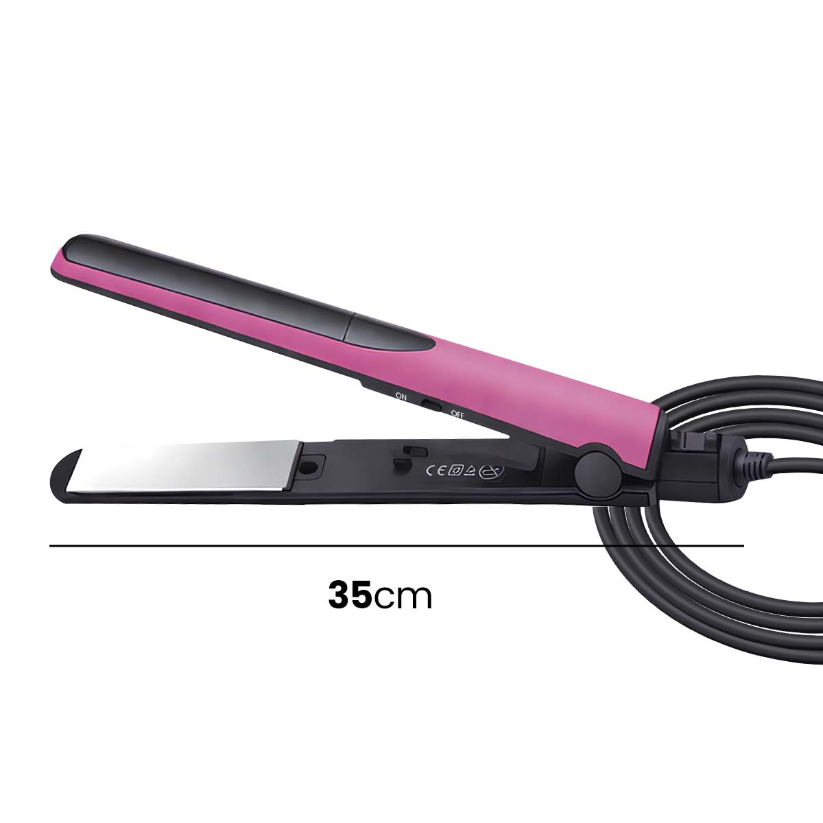 Ein pinker Glätteisen mit schwarzem Kabel auf weißem Hintergrund, 35cm.