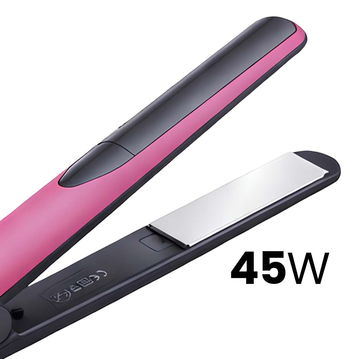 Ein pinkfarbener und schwarzer Glätteisen mit 45W Beschriftung auf weißem Hintergrund.