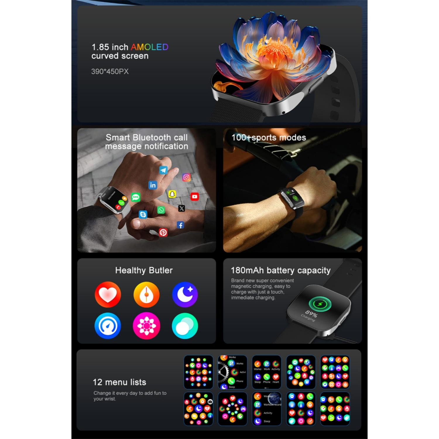 Smartwatch mit AMOLED-Bildschirm, Benachrichtigungen, Sportmodi, gesunder Butler, Akku.