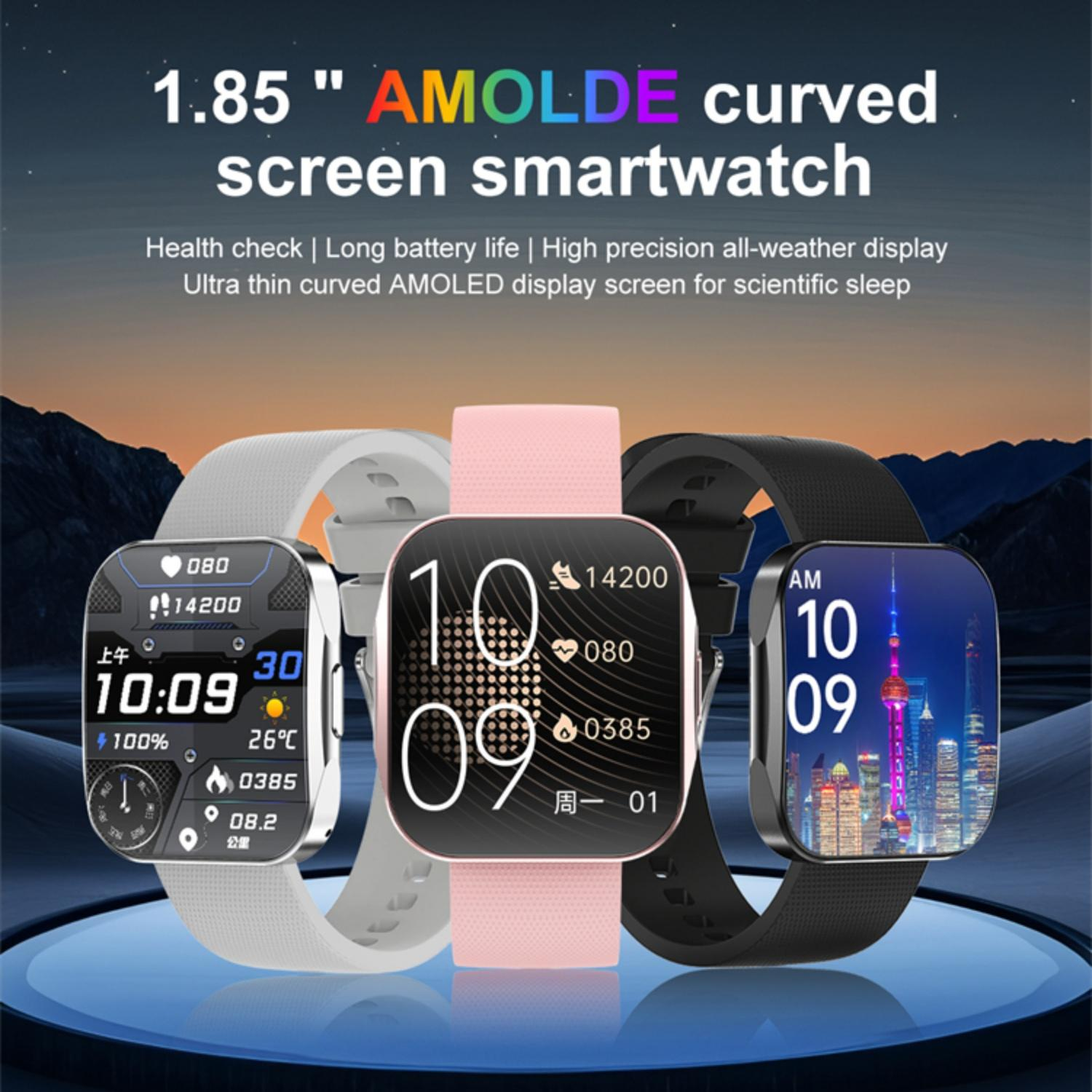 Drei Smartwatches in Weiß, Pink und Schwarz zeigen verschiedene Bildschirme: Daten, Uhrzeit und Stadtsilhouette.