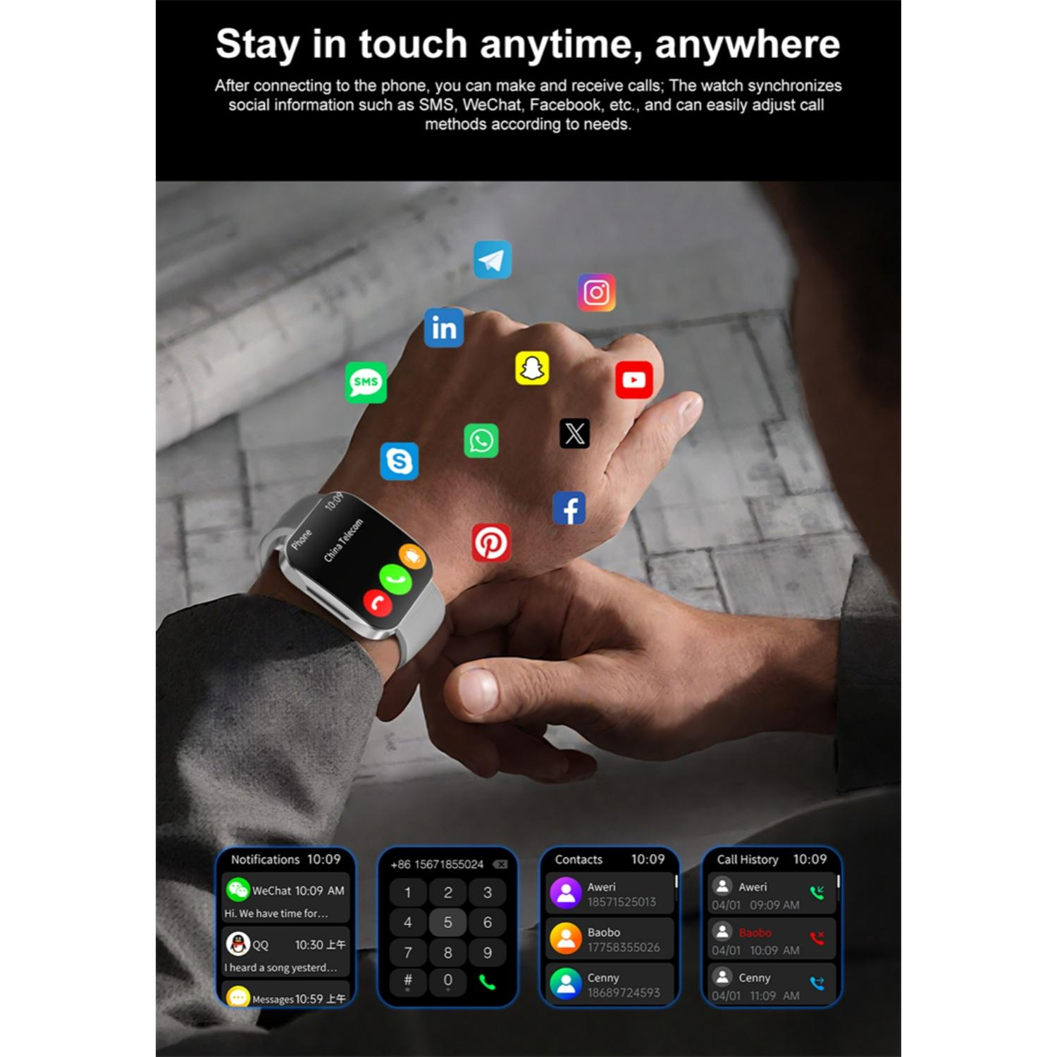 Eine Smartwatch zeigt Social-Media-Symbole an, darunter Instagram, Snapchat und Facebook.