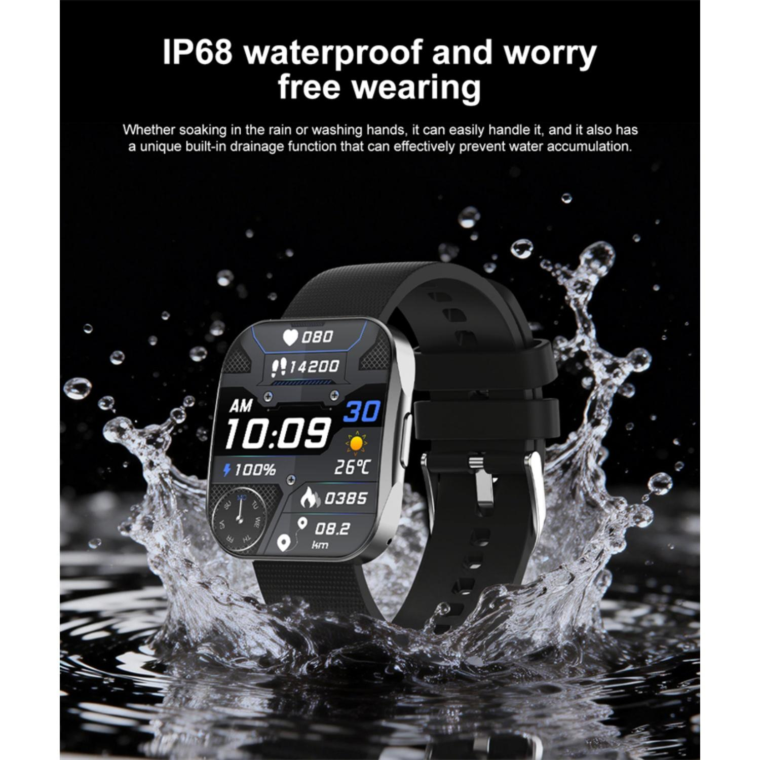Eine schwarze Smartwatch wird von Wasser bespritzt. Sie zeigt 10:09, 26°C und 0,82 km.