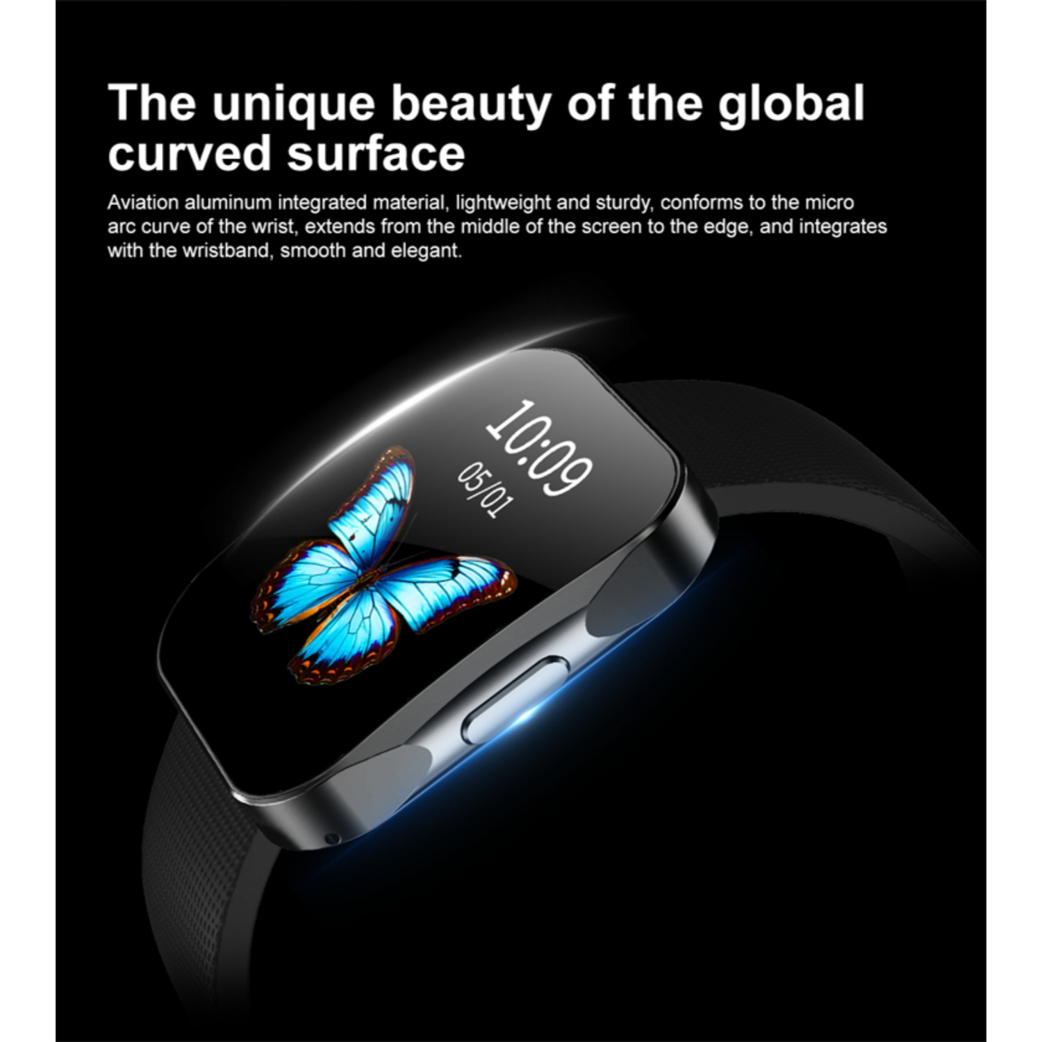 Silberne Smartwatch mit blauem Schmetterling Display und 10:09 Uhrzeit.