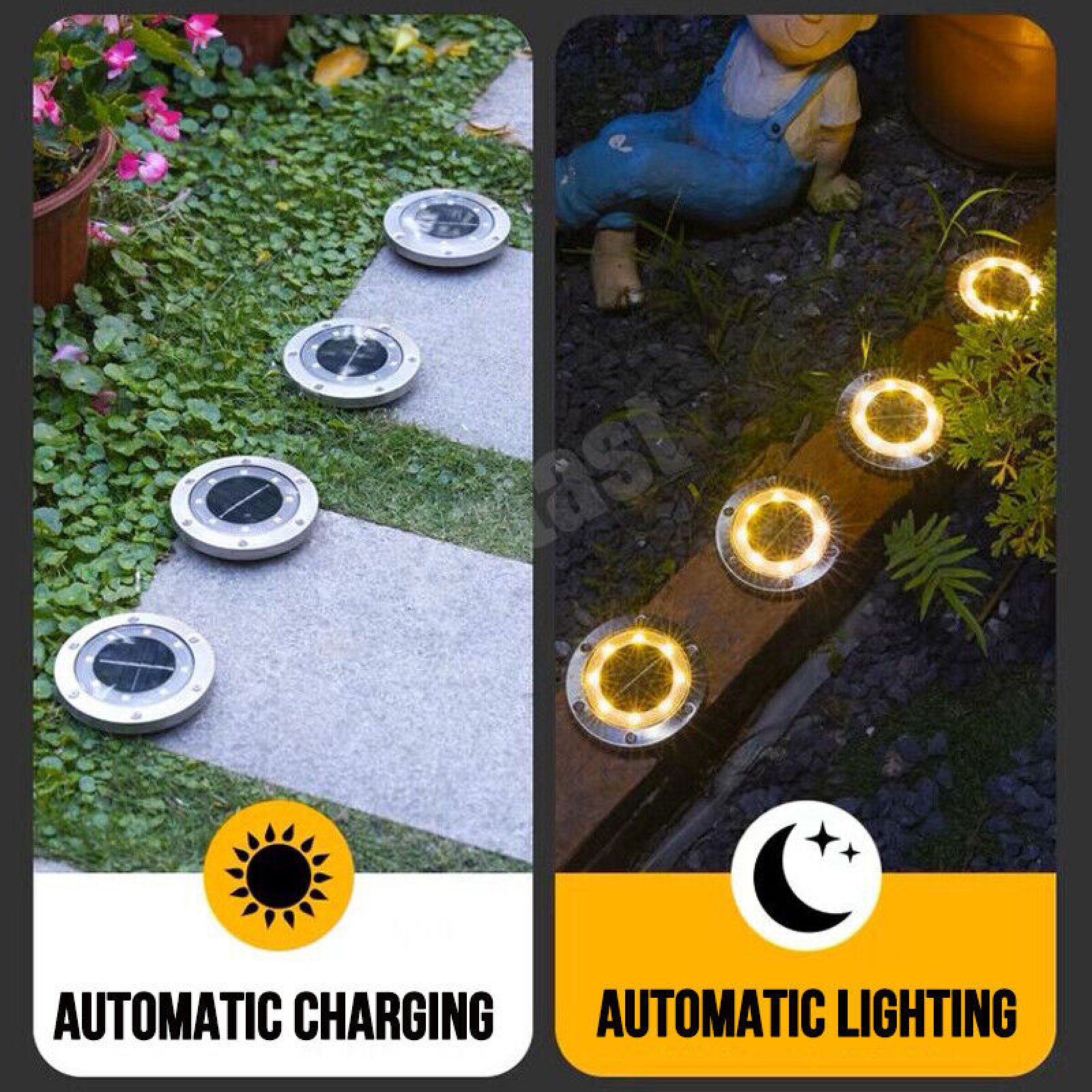 Solarleuchten auf einem Gartenweg und im Dunkeln.