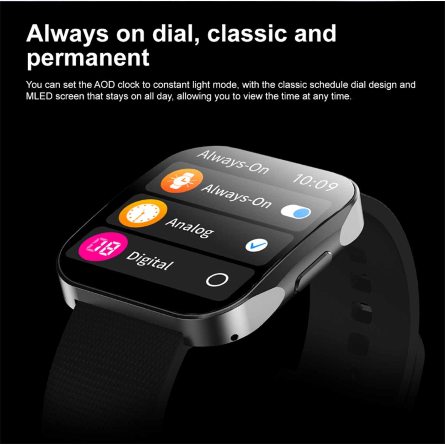 Eine Smartwatch mit Always-On-Display zeigt die Auswahl zwischen Always-On, Analog und Digital.