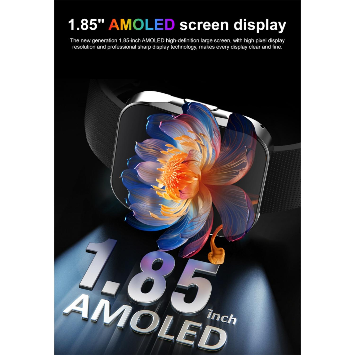 1,85-Zoll-AMOLED-Bildschirm mit lebendiger Blume und Metalltext.