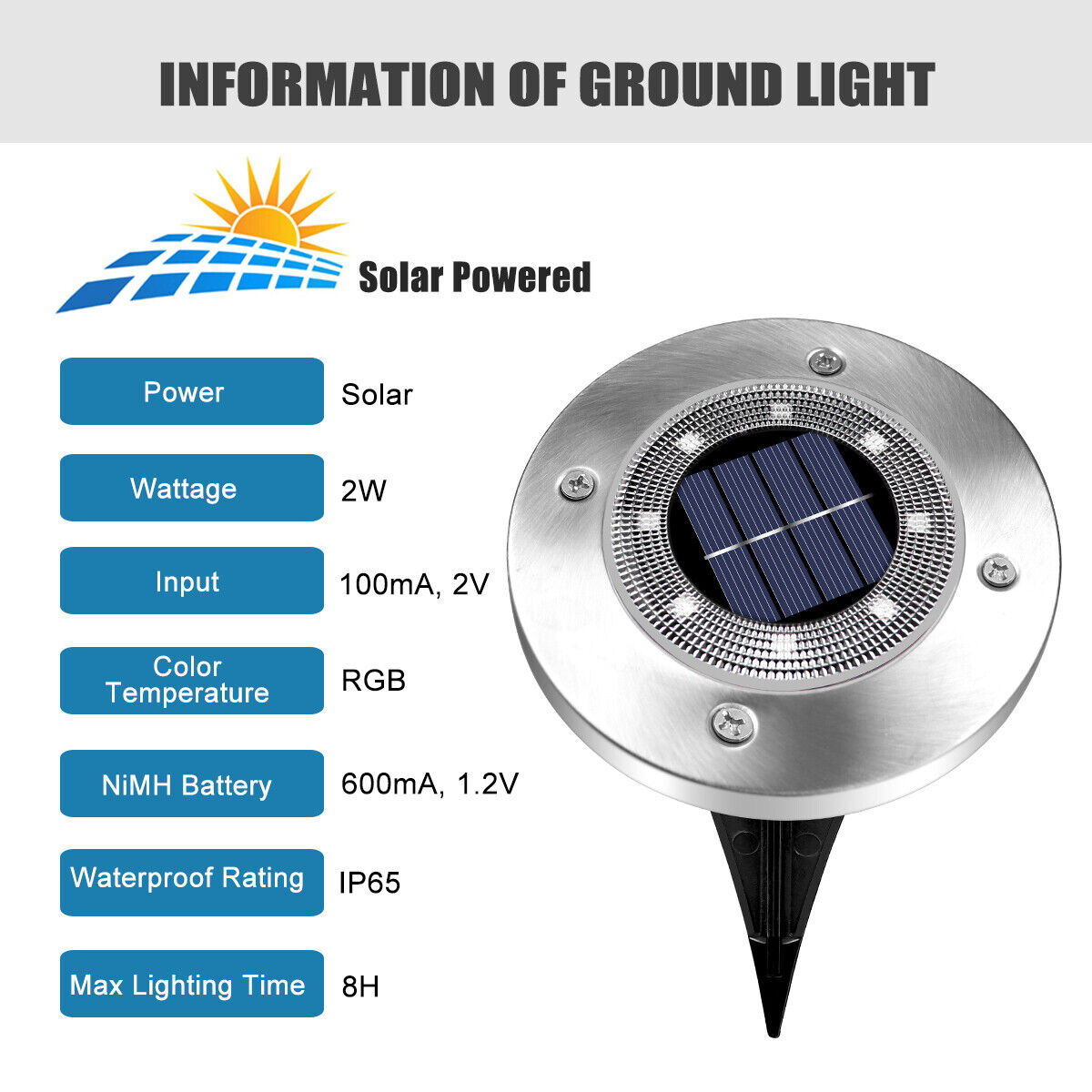Technische Daten einer Solar-Bodenleuchte: 2W, RGB, IP65, 8h Leuchtzeit.