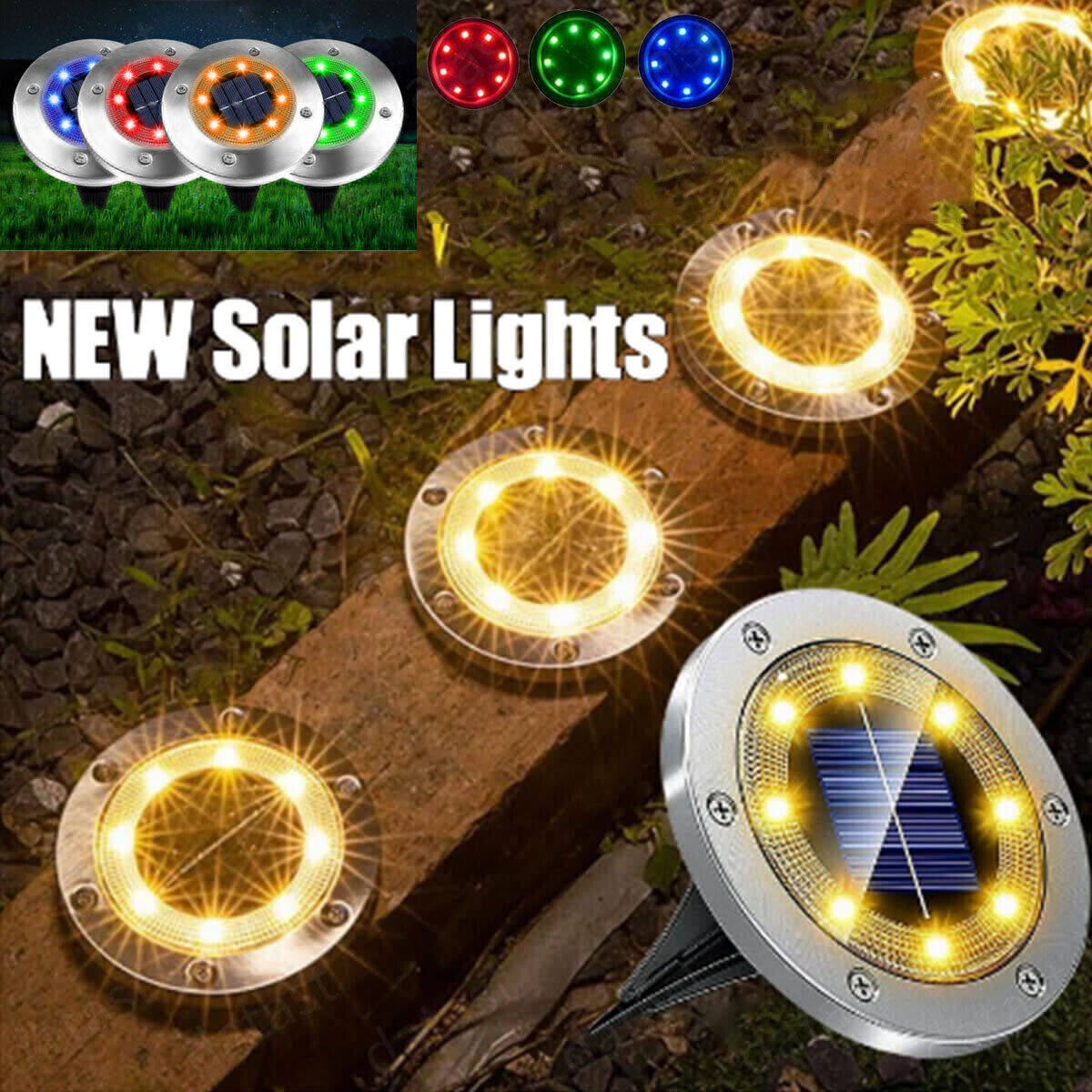 Solarleuchten mit LED-Beleuchtung auf dem Boden, einige leuchten gelb.