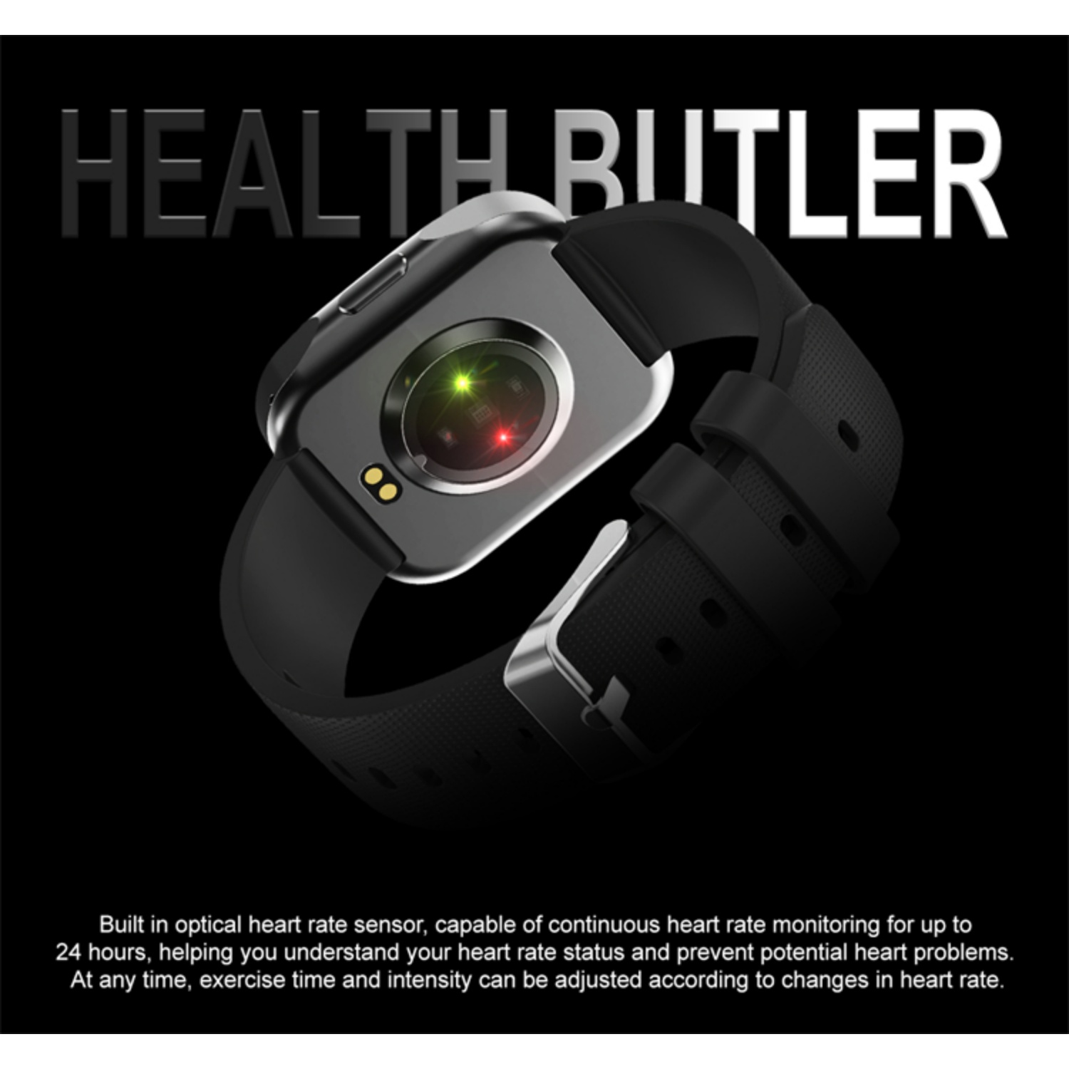 Schwarze Smartwatch mit Herzfrequenzsensor, grüne und rote Lichter. Text: HEALTH BUTLER.