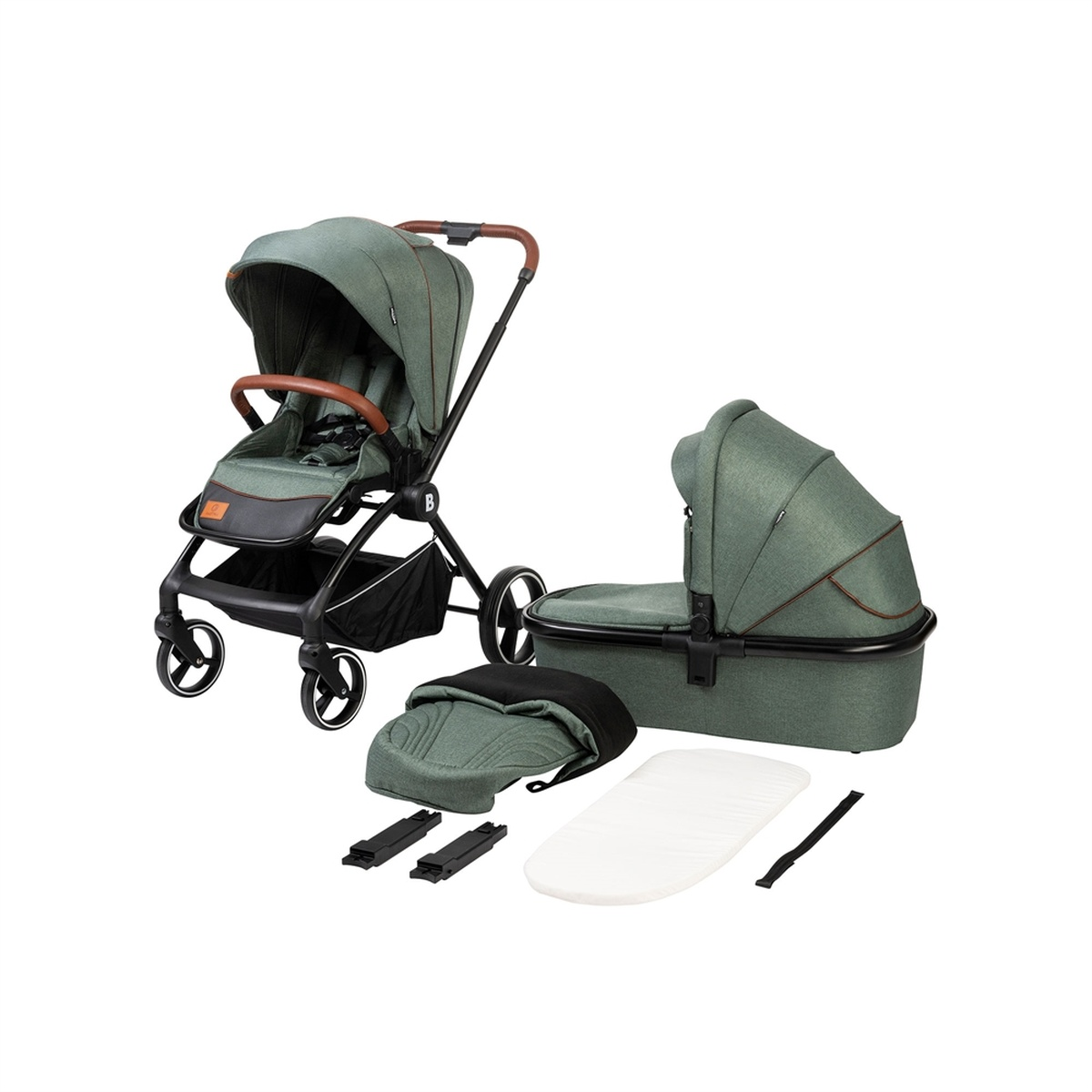 Ein grüner Kinderwagen mit Babywanne und Zubehör auf weißem Hintergrund.