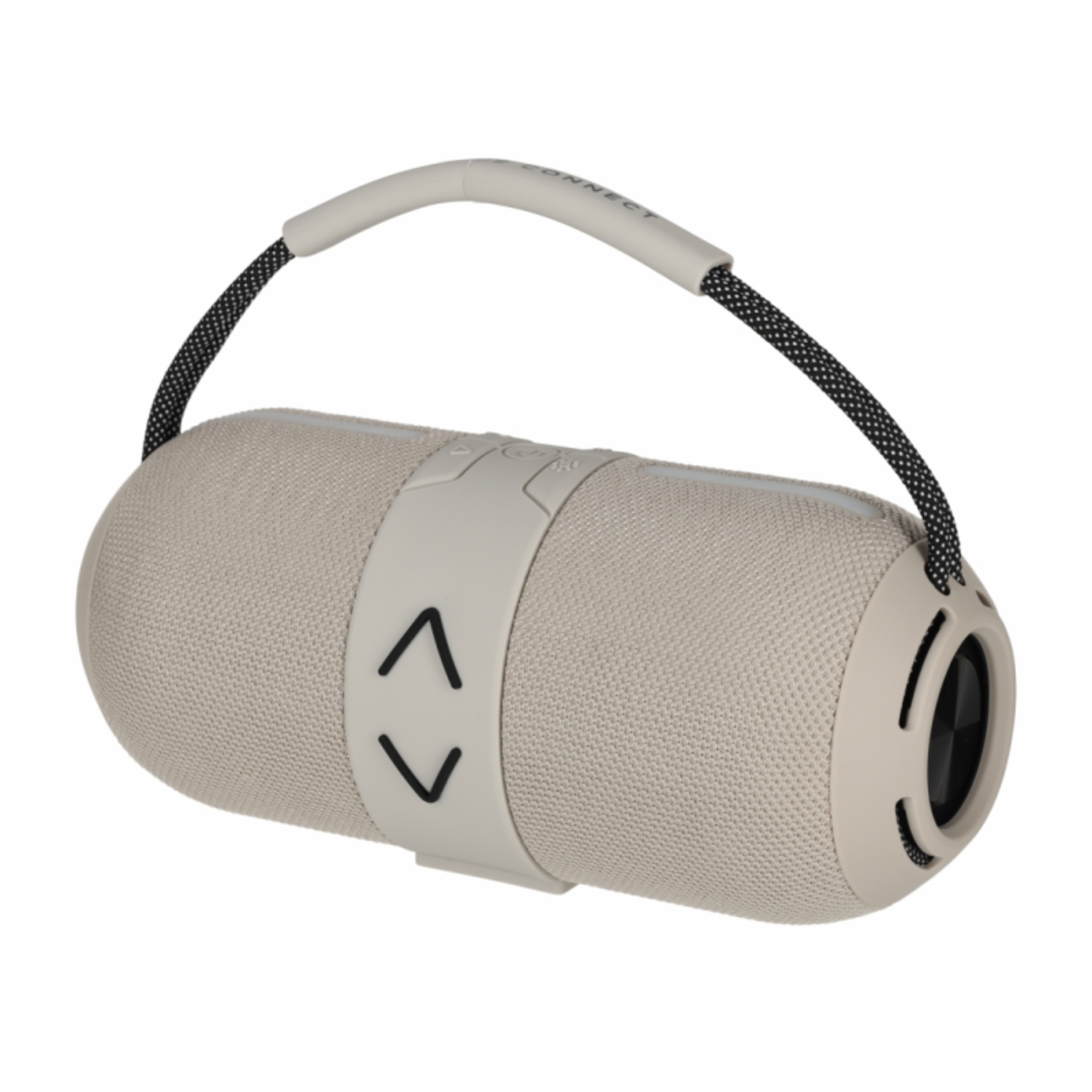 Een beige, cilindrische luidspreker met een zwart handvat en knoppen.