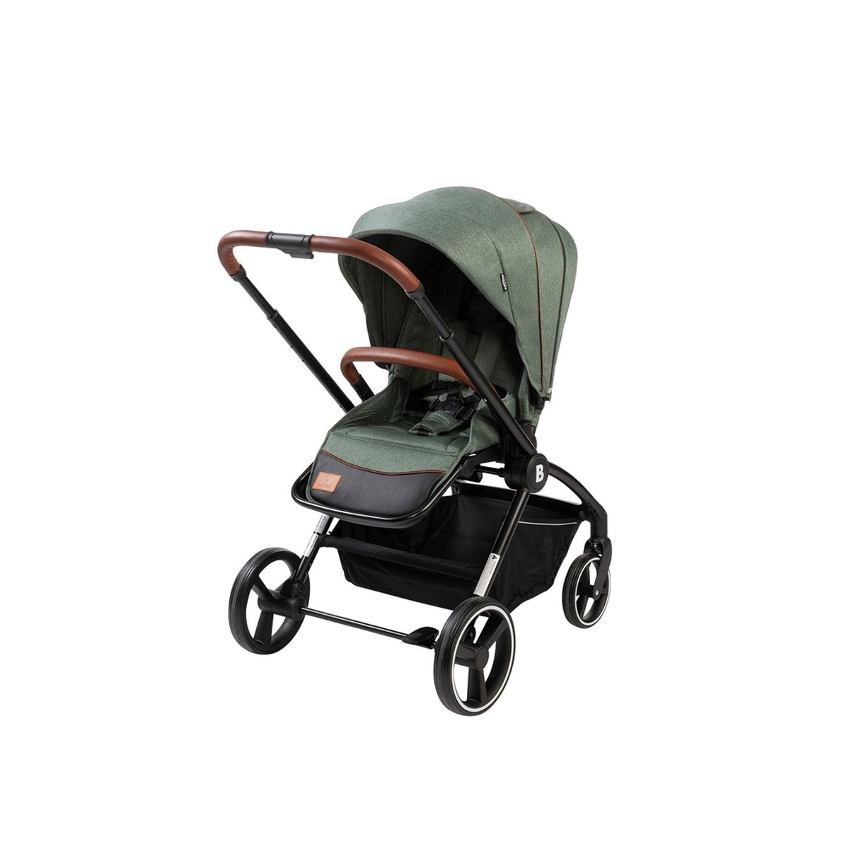 Ein grüner Kinderwagen mit braunen Ledergriffen und schwarzem Einkaufskorb.