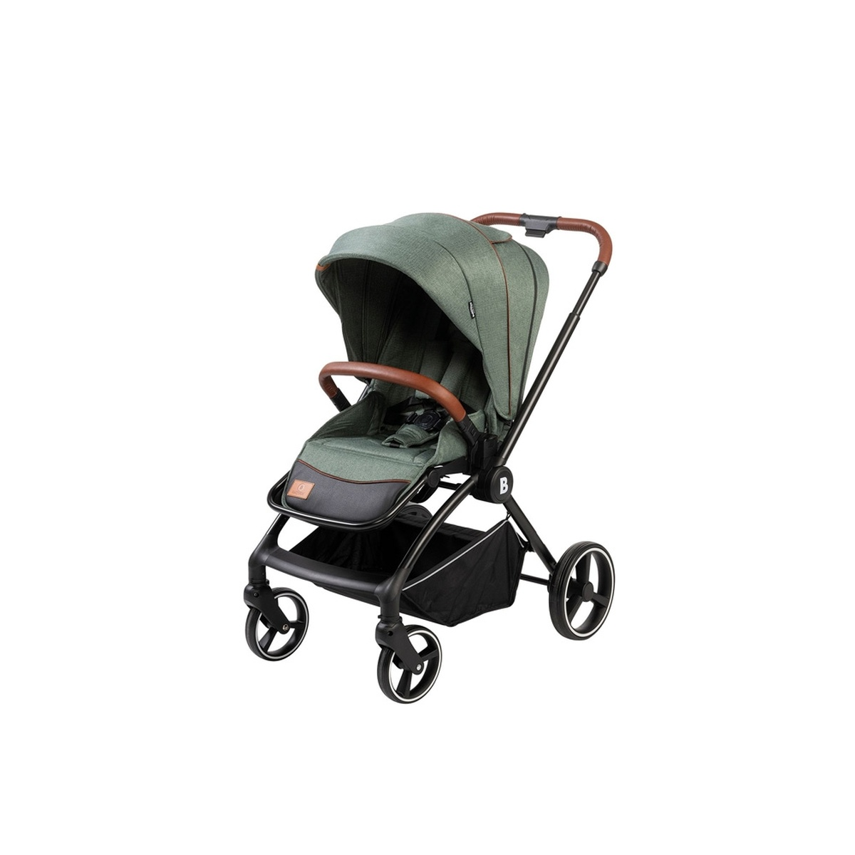 Ein grüner Kinderwagen mit braunen Akzenten und schwarzem Korb.