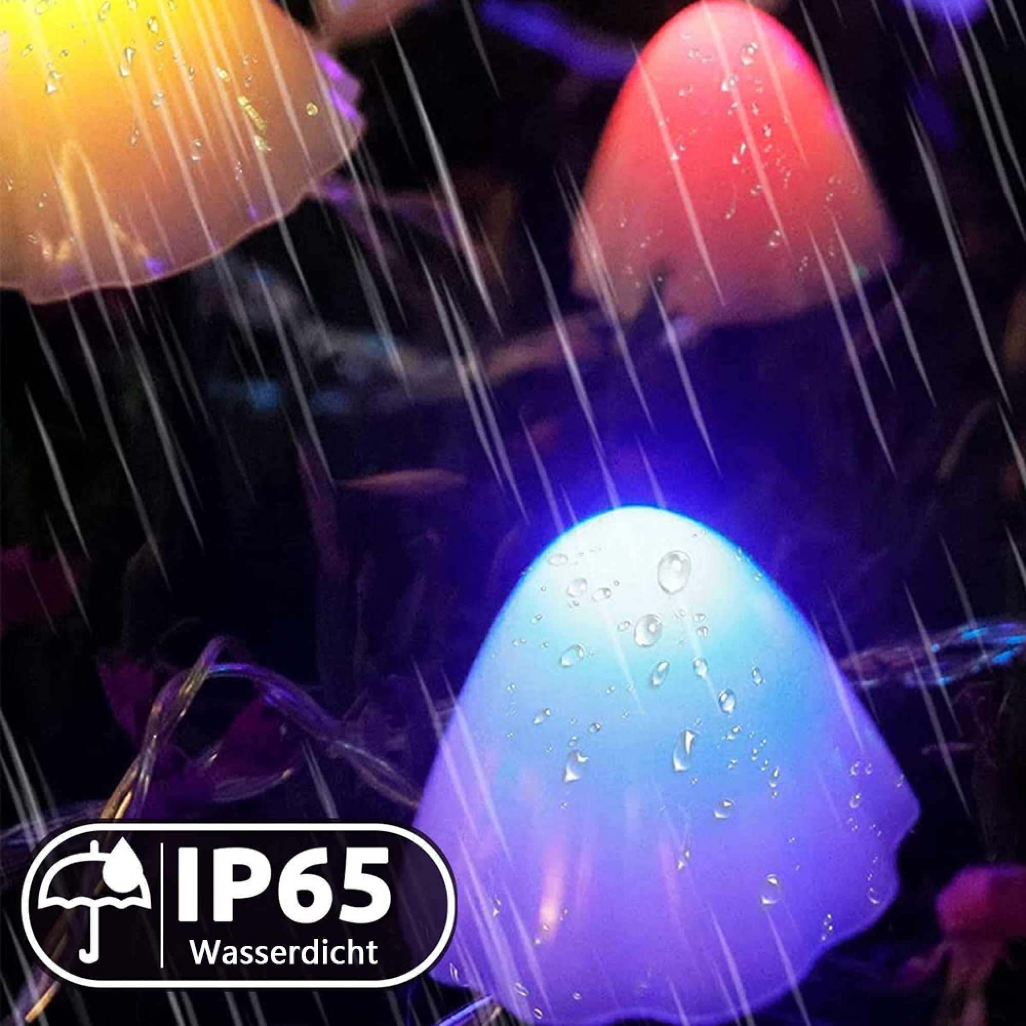 Bunte pilzförmige Lichter mit Wassertropfen im Regen.