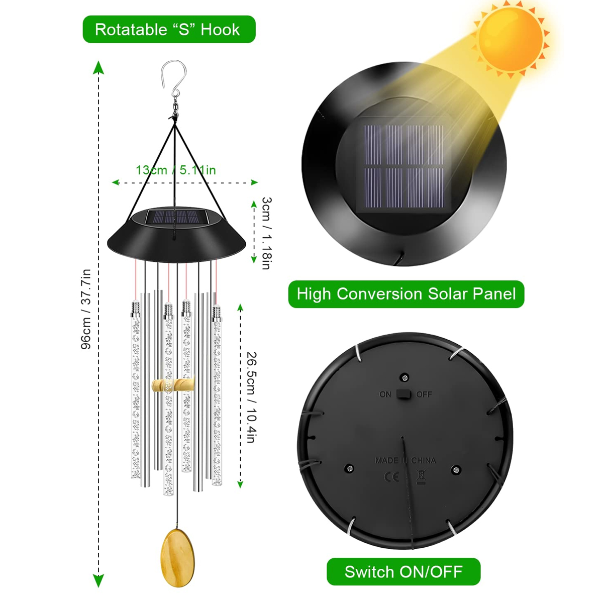 Windspiel mit Solarpanel, Haken und Maßen