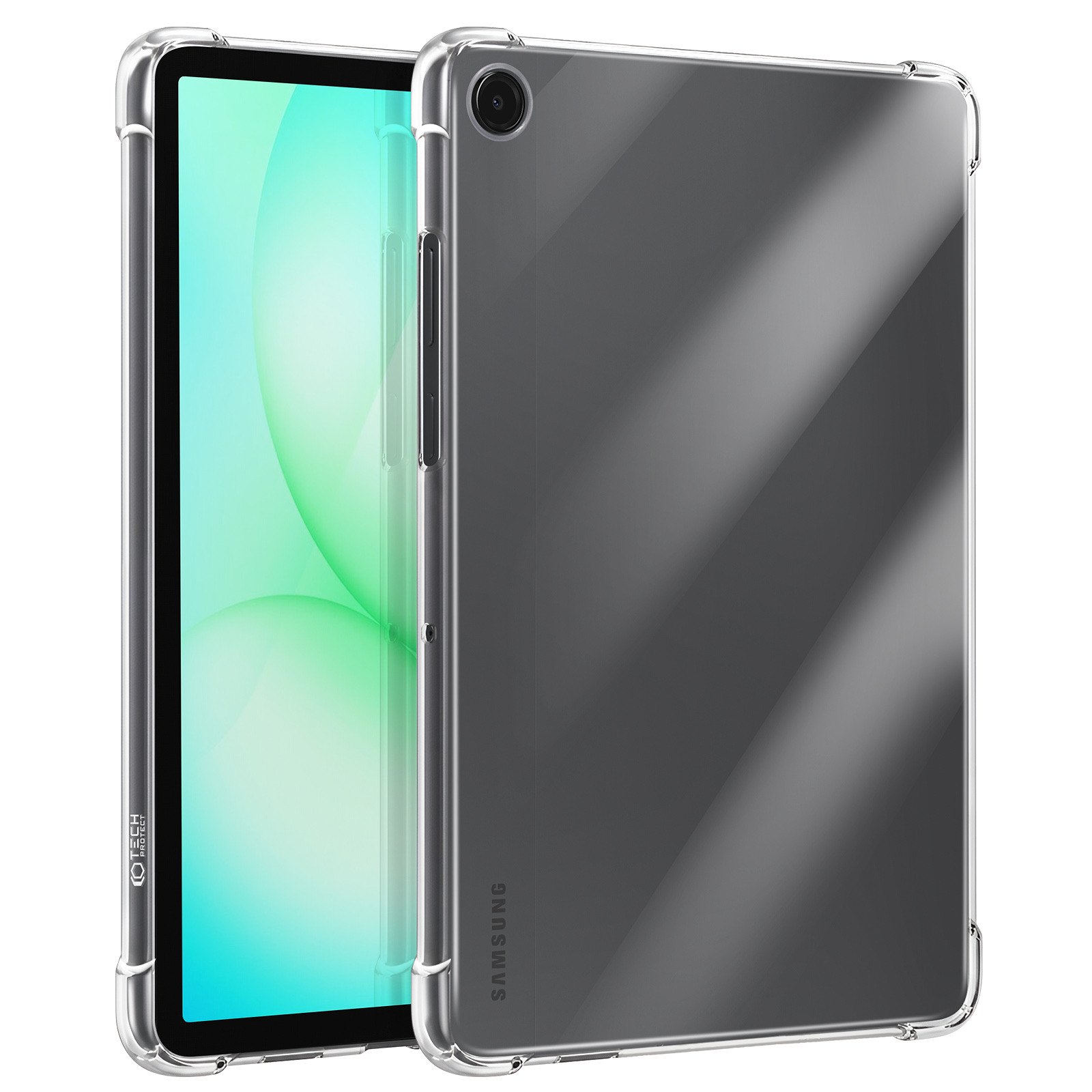 Eine transparente Hülle schützt ein Tablet mit blaugrünem Bildschirm.