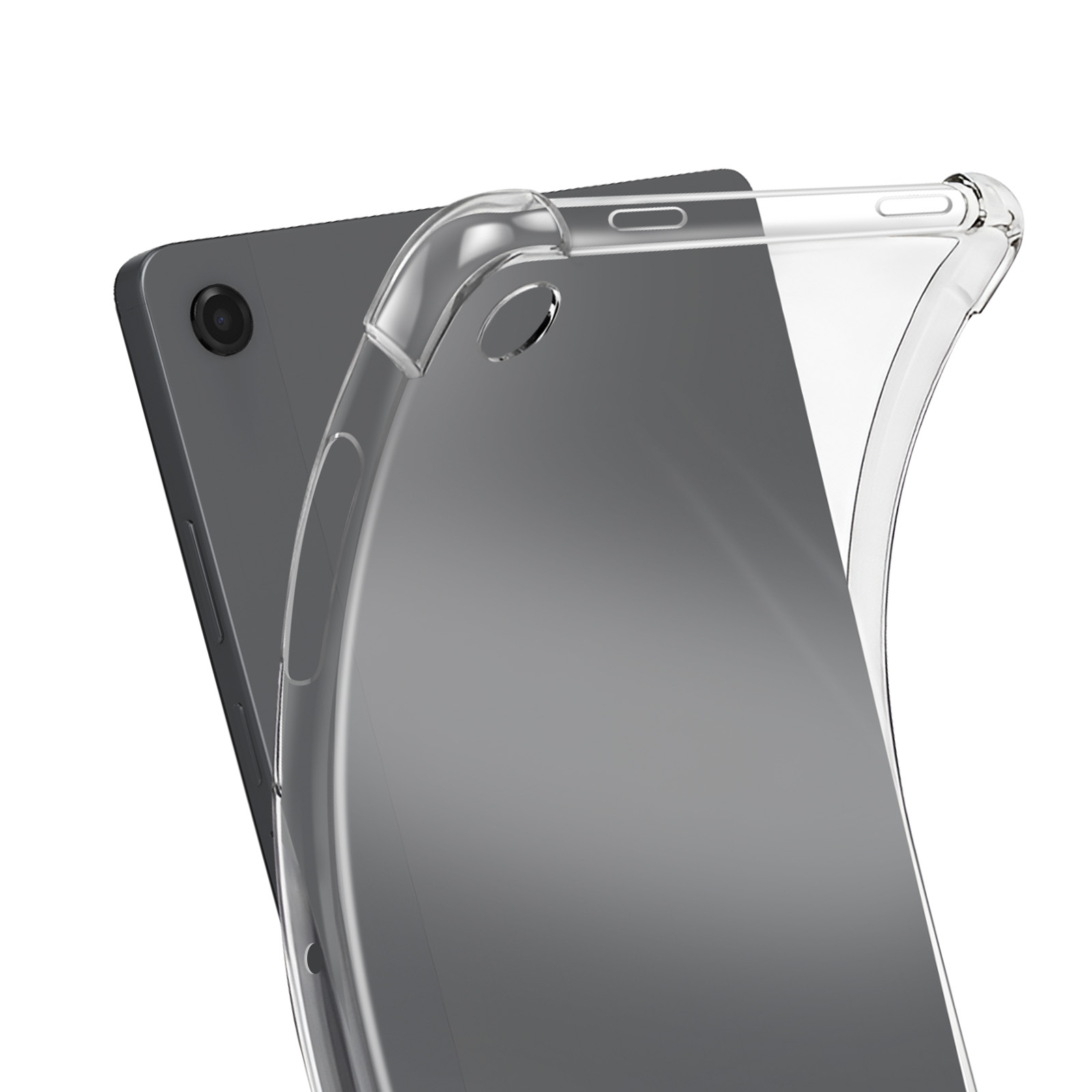 Eine transparente Schutzhülle auf einem dunklen Tablet, Nahaufnahme.