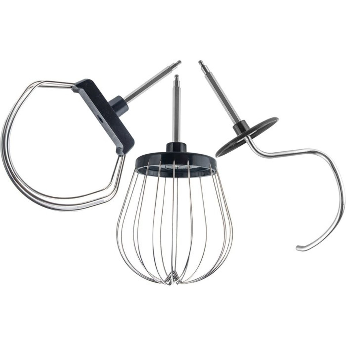 Tre accessori per impastatrice: frusta, gancio impastatore e spatola.