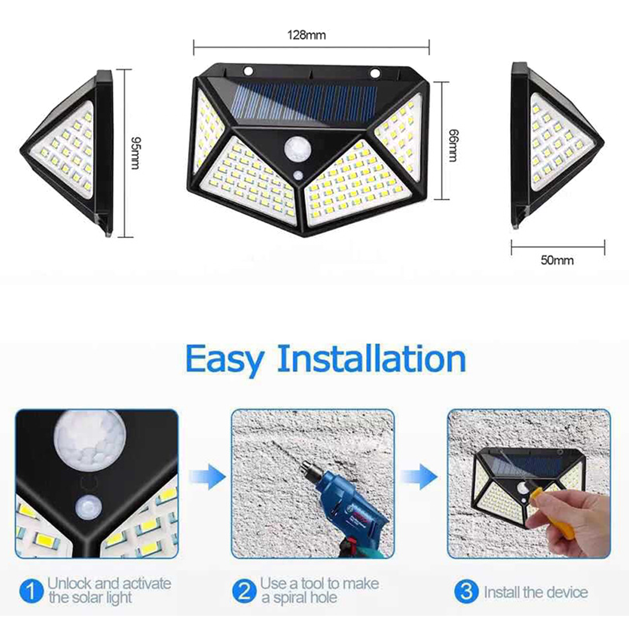 Solarleuchte mit LEDs, Solarpanel und Bewegungsmelder, Maße angegeben.