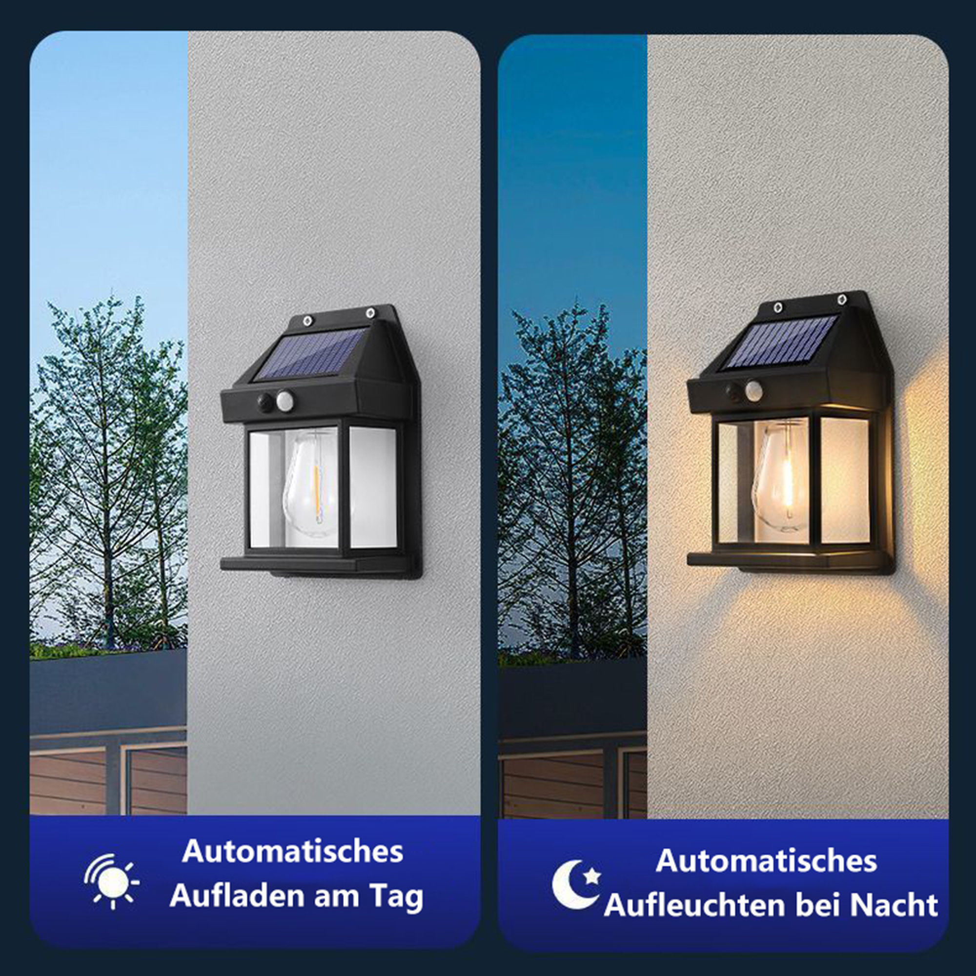 Solarleuchte bei Tag und Nacht. Lädt tagsüber, leuchtet nachts.