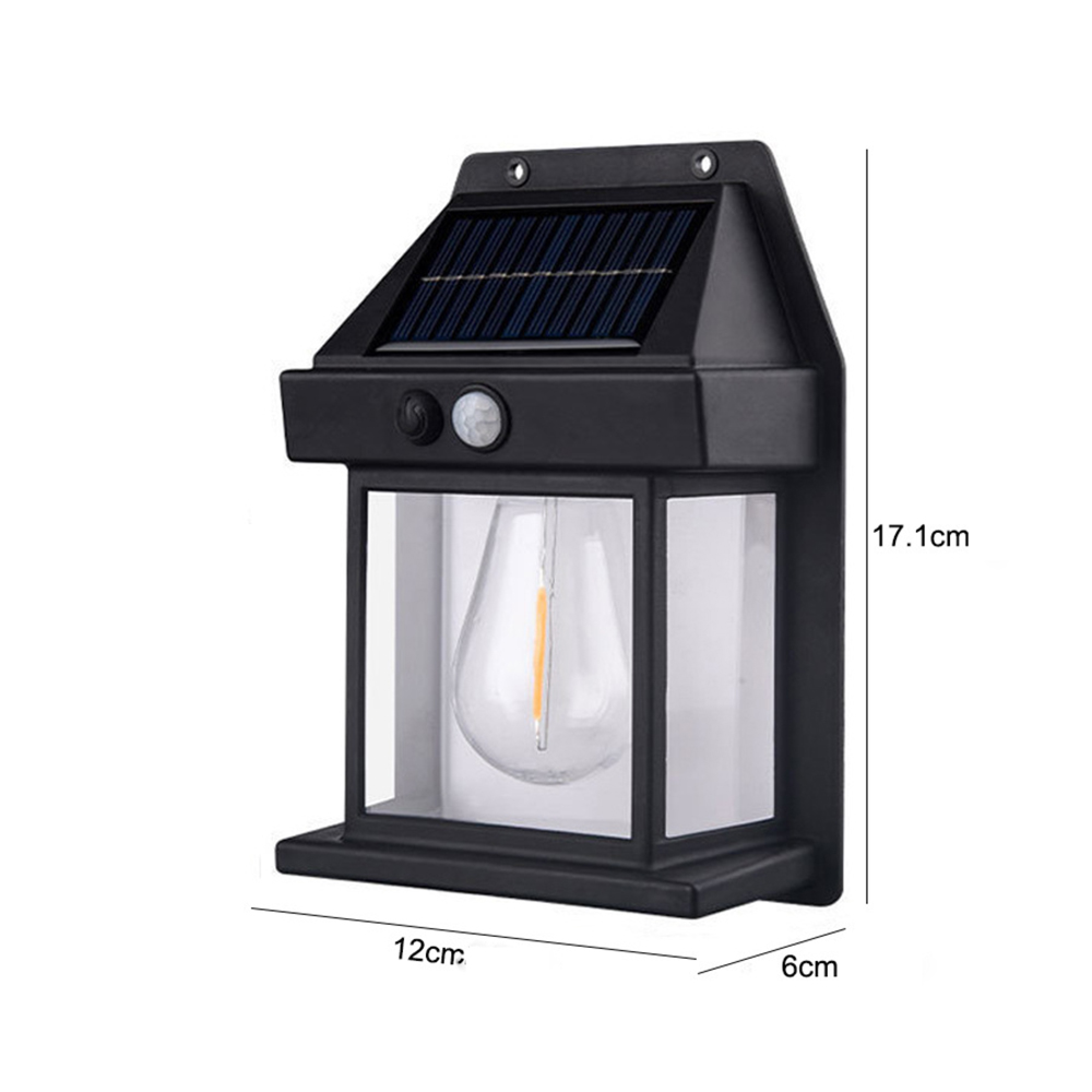 Schwarze Solar-Wandleuchte mit Glühbirne und Bewegungssensor.