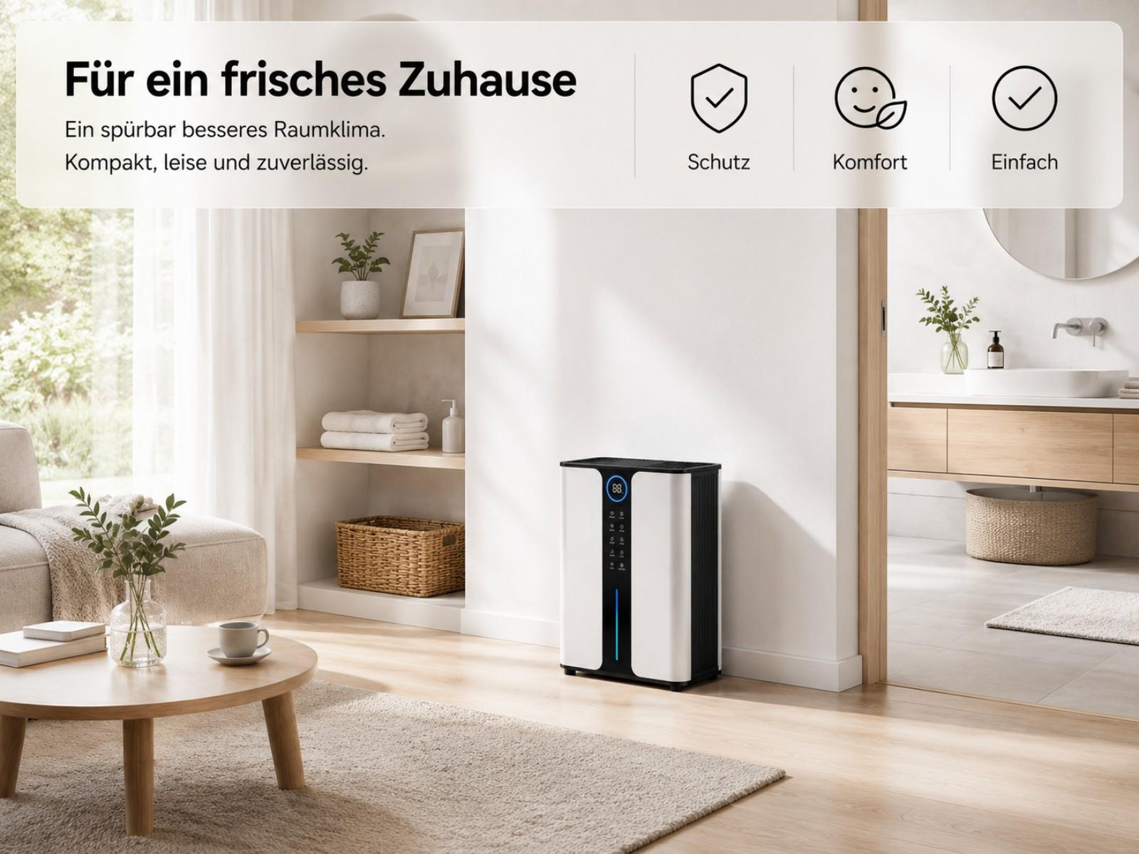 Ein moderner Luftreiniger steht in einem Wohnzimmer mit Sofa und Couchtisch.