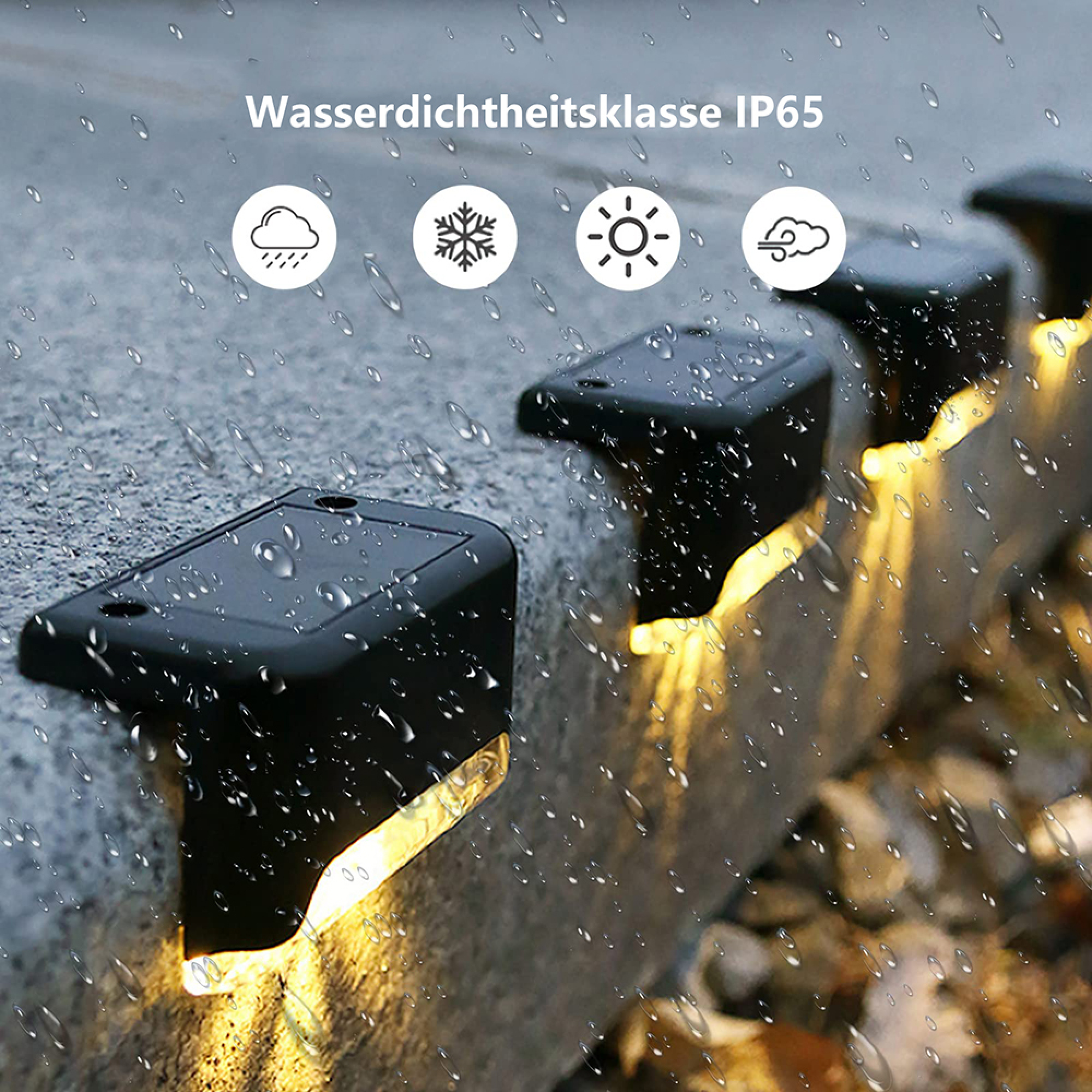 Schwarze Solar-Stufenleuchten mit IP65-Wasserdichtigkeit bei Regen.