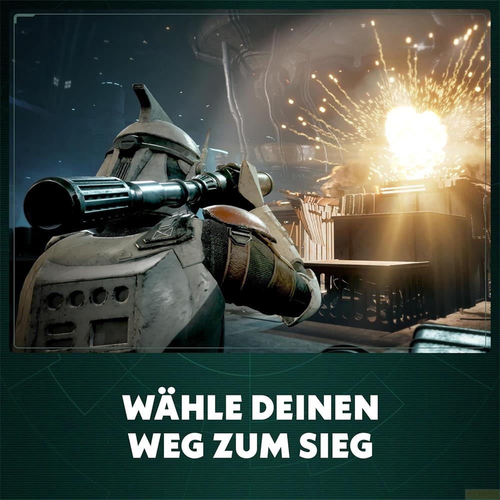Ein Soldat in weißer Rüstung zielt mit einem Gewehr während einer Explosion in futuristischer Umgebung.
