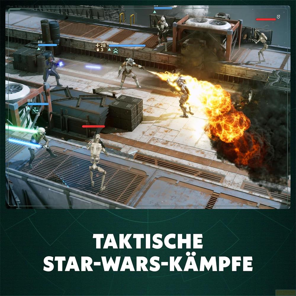 Star Wars-Charaktere kämpfen auf einer metallischen Plattform mit Explosionen.