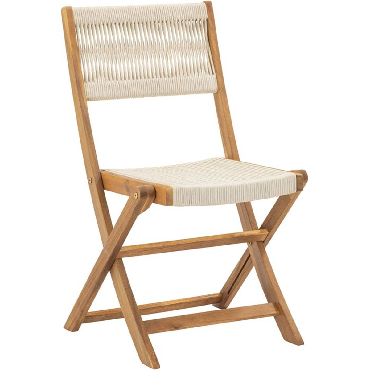 Ein hölzerner Klappstuhl mit weißer Seilbespannung für Sitzfläche und Rückenlehne.