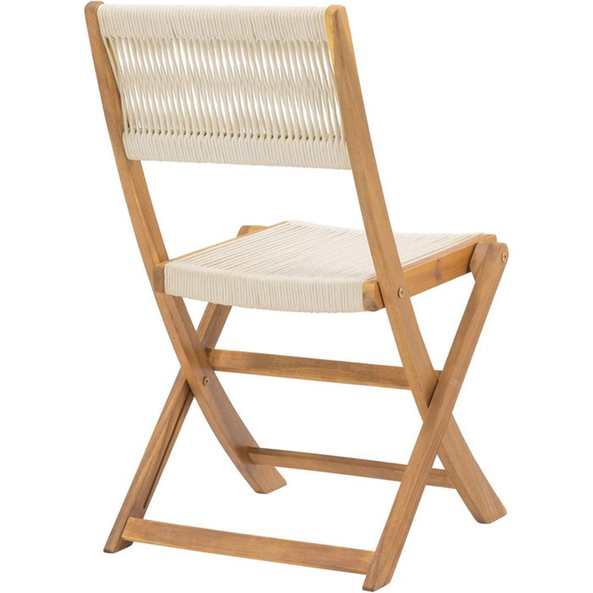 Ein hölzerner Klappstuhl mit weißem Seilgeflecht für Sitz und Rückenlehne.