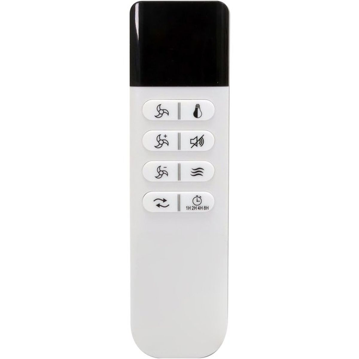 Witte afstandsbediening met zwarte pictogrammen voor ventilator, licht, timer en meer.