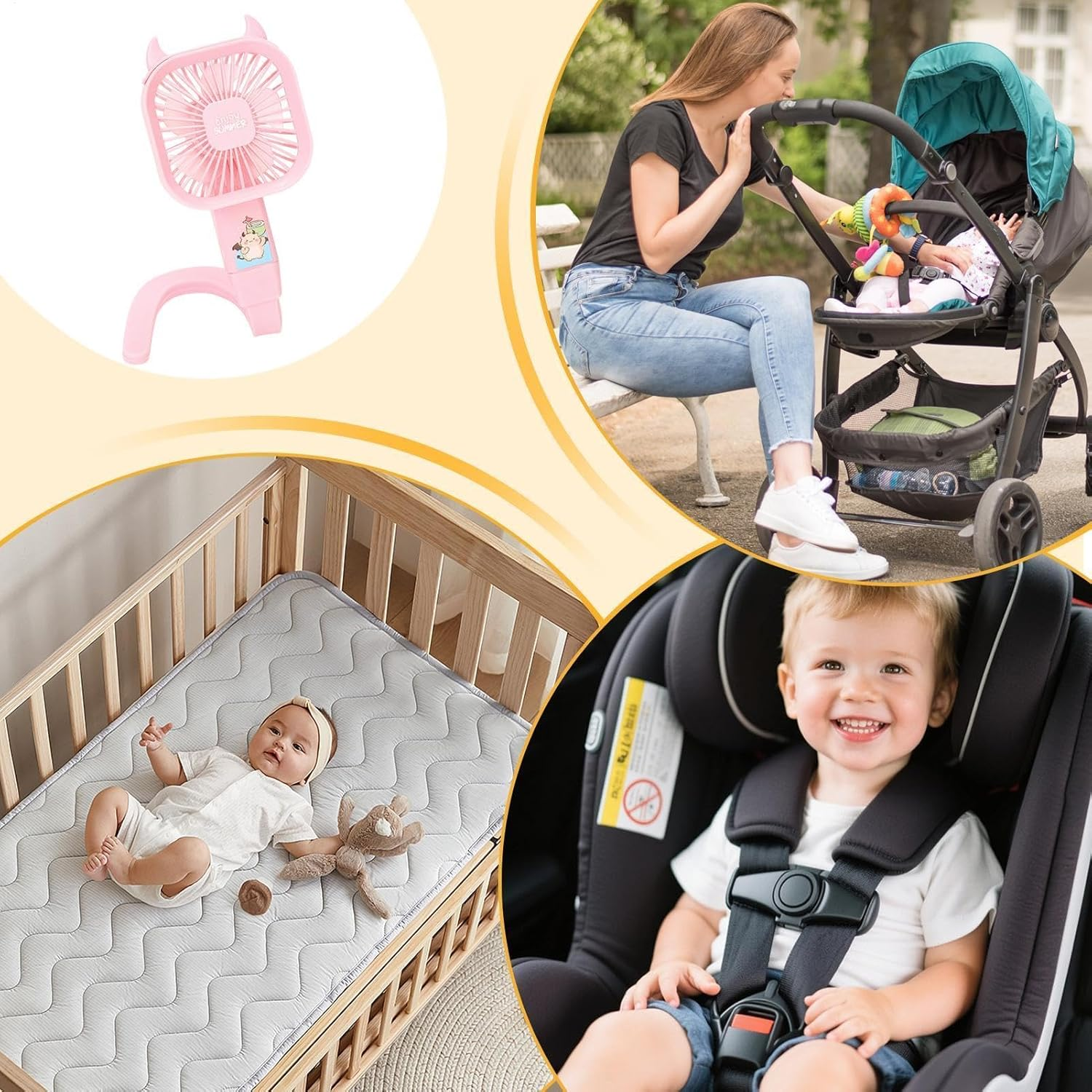 Ein rosa Ventilator, ein Baby im Kinderwagen, ein Baby im Bett und ein lächelndes Kind im Autositz.