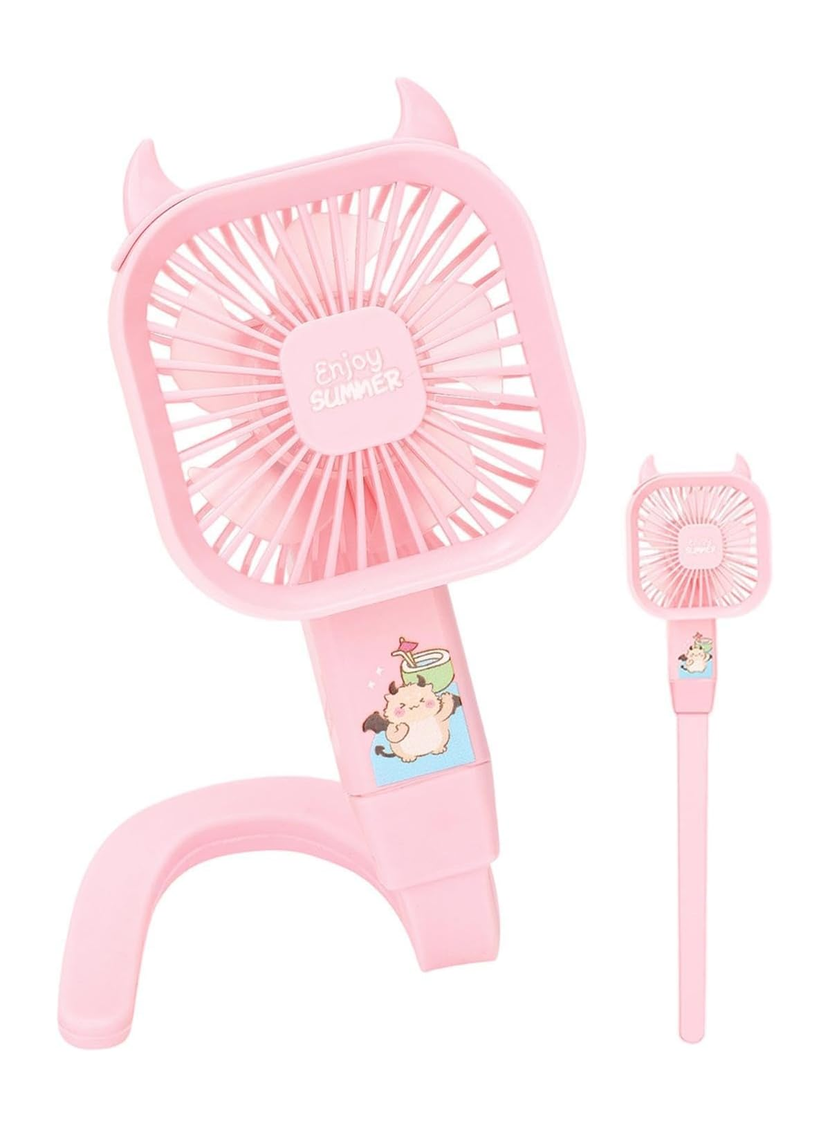 Zwei rosa Ventilatoren mit Teufelshörnern und Sommer-Dekoration, einer mit Ständer.