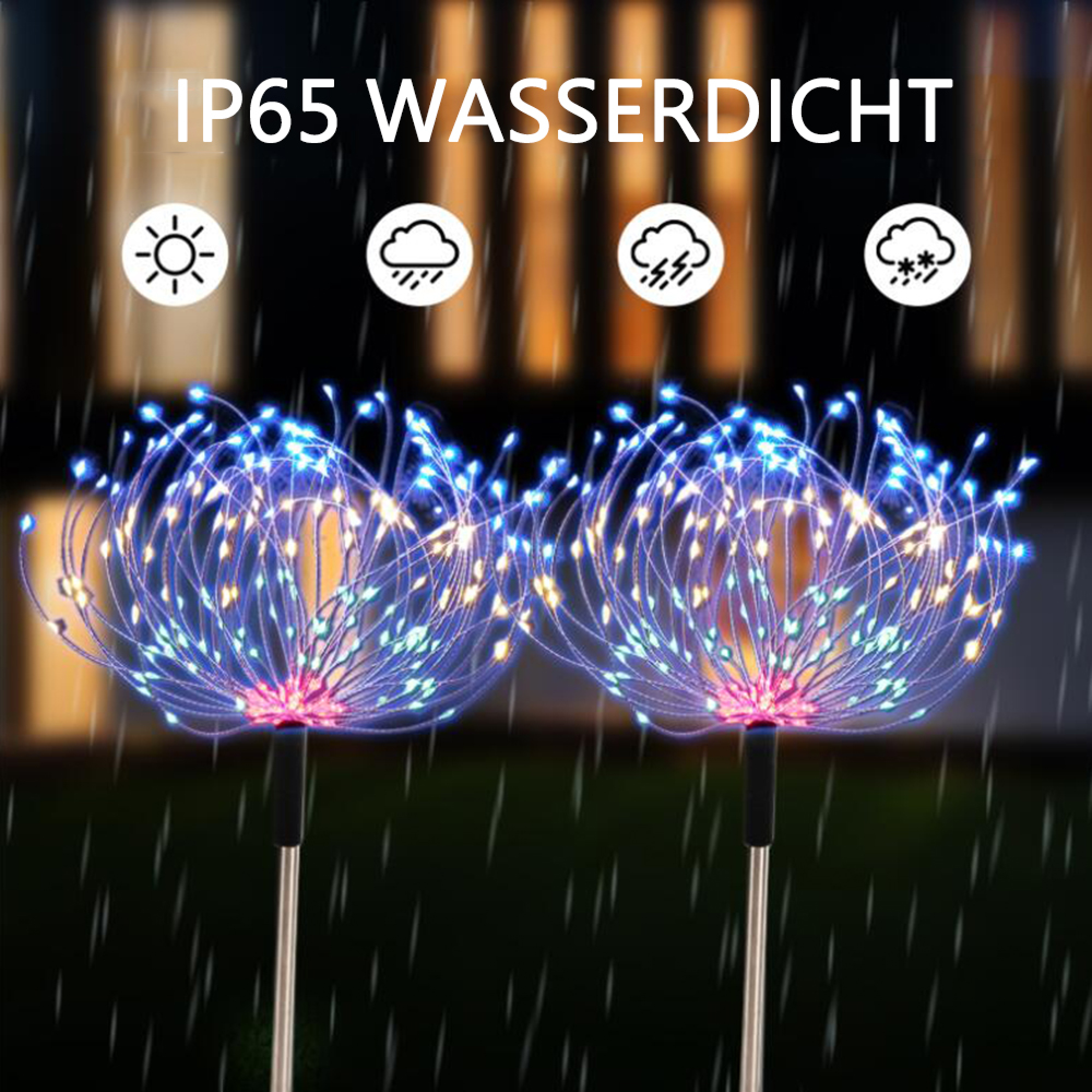 Zwei leuchtende, sternförmige Lichter im Regen auf Pfählen.