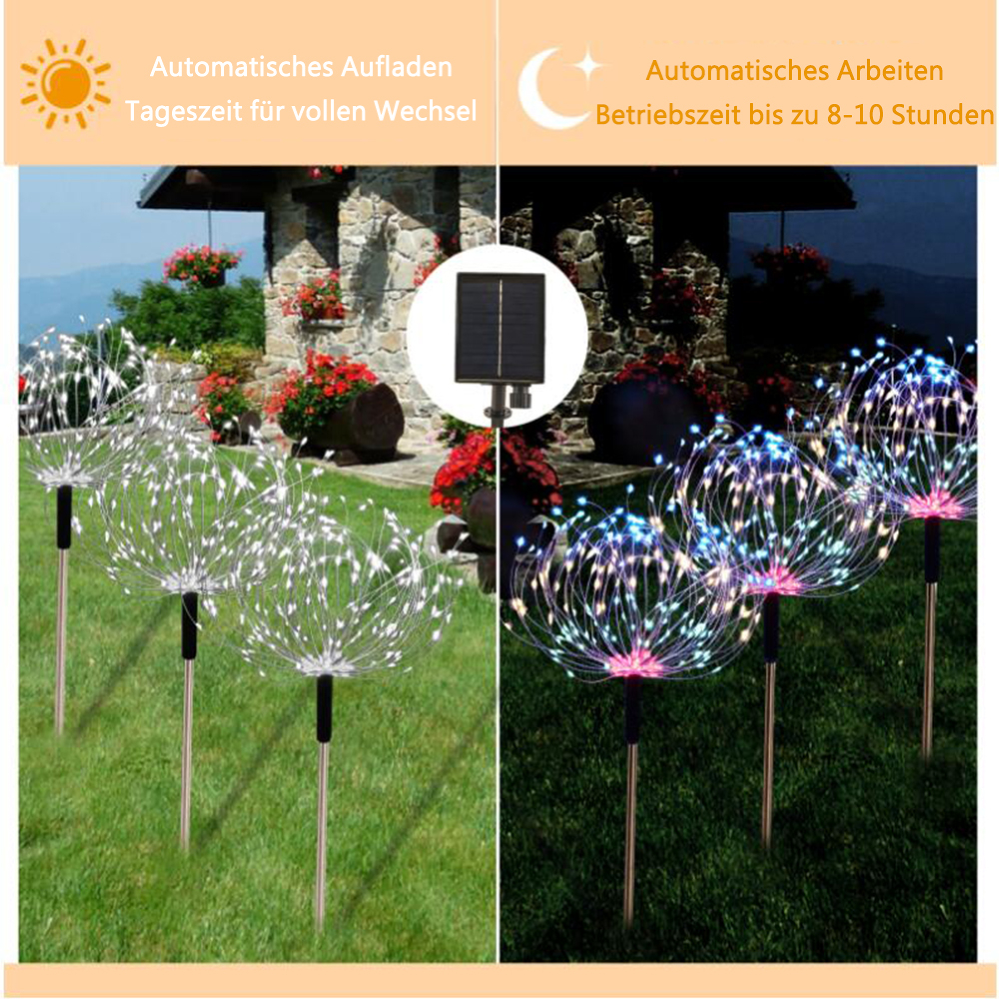 Sonnenlicht lädt tagsüber auf, Lichter leuchten nachts für 8-10 Stunden.