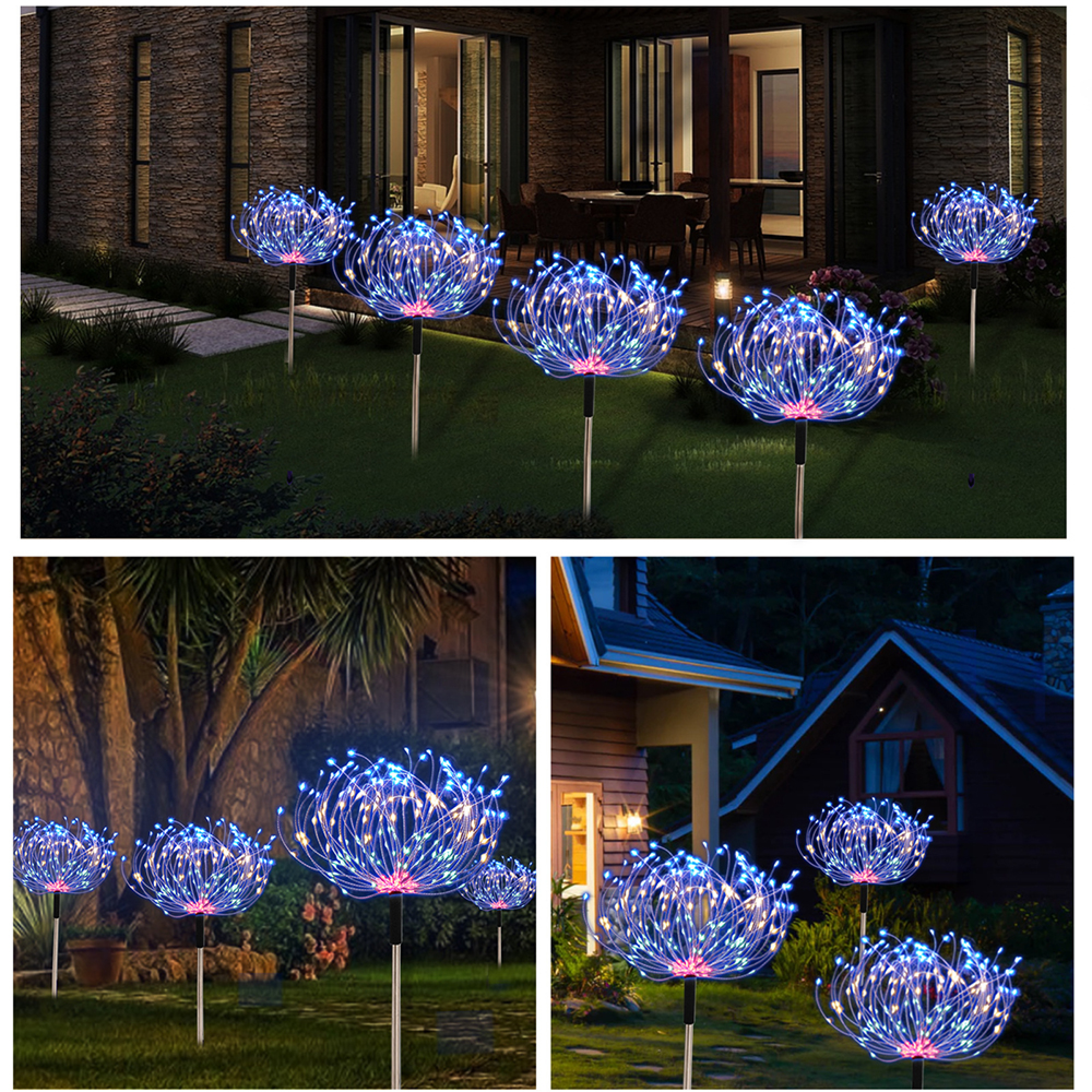 Gartenlichter in Löwenzahnform mit blauen LEDs beleuchten den Rasen.