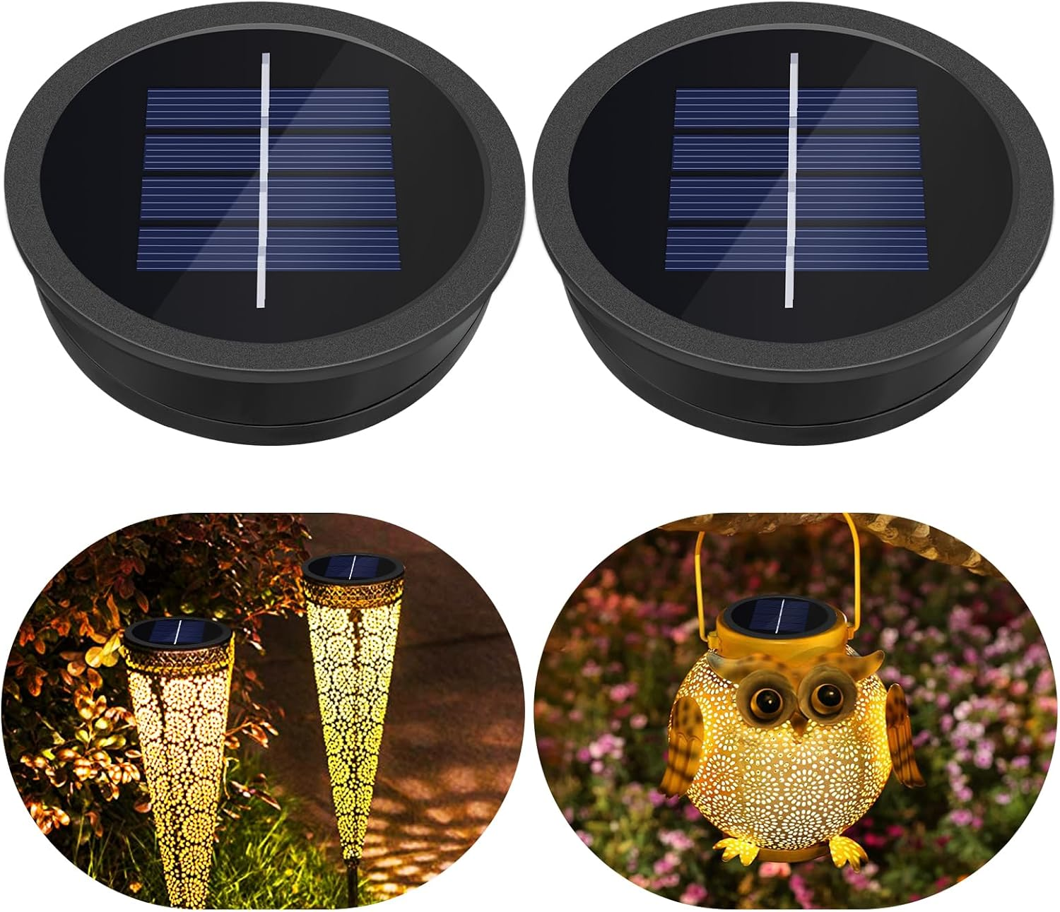 Zwei runde Solarleuchten und zwei Solar-Gartenleuchten im Freien.