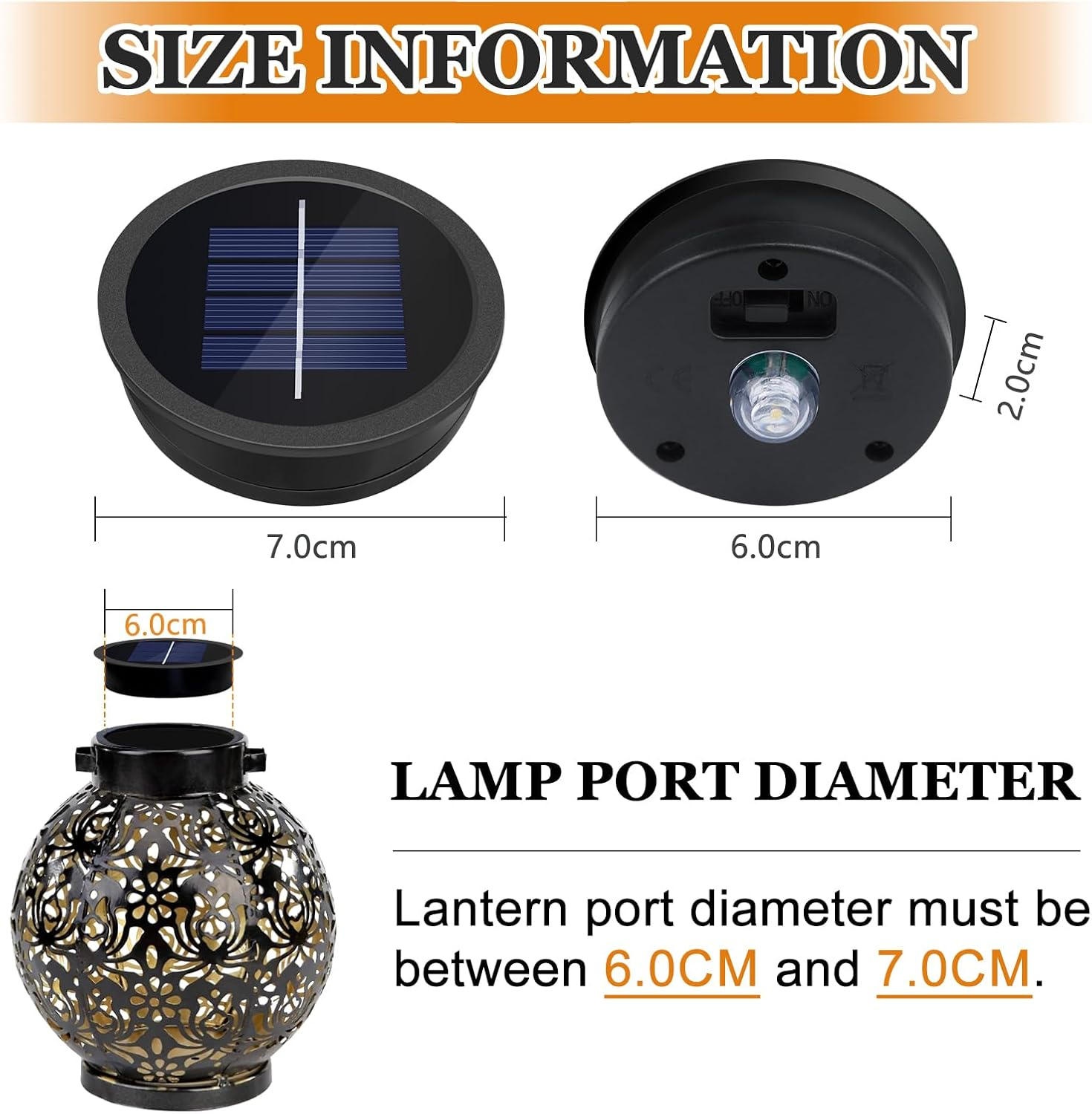 Größenangaben für Laternen: Solaraufsatz (7x2cm) und Laternenöffnung (6cm).