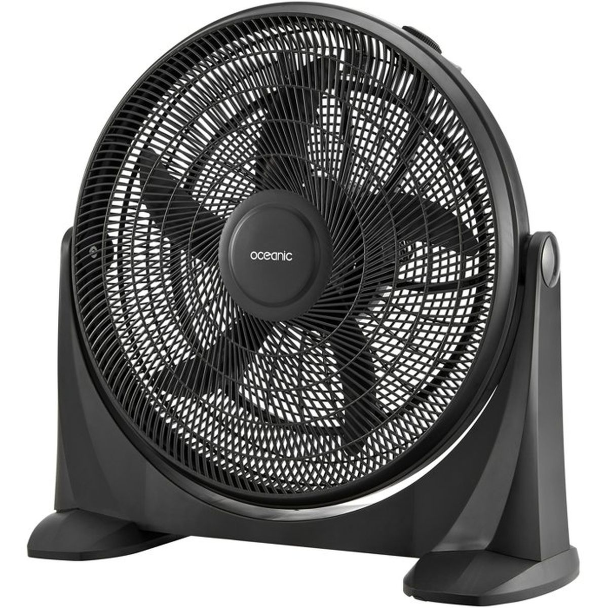 Un ventilatore rotondo nero con griglia metallica e logo 'oceanic'.