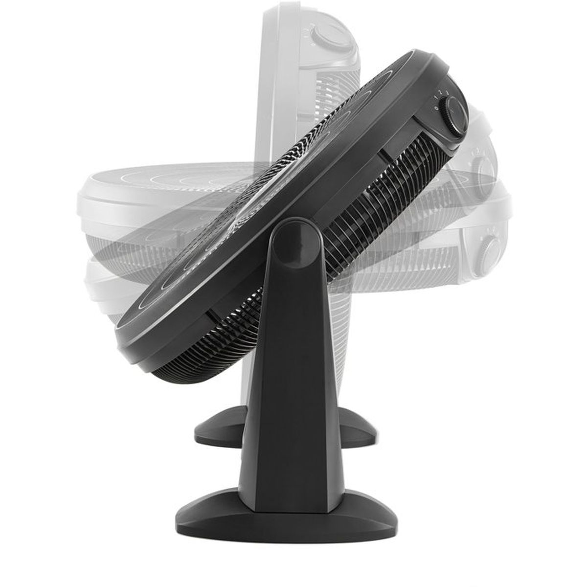 Un ventilatore da tavolo nero mostrato con movimento oscillante della testa su sfondo bianco.