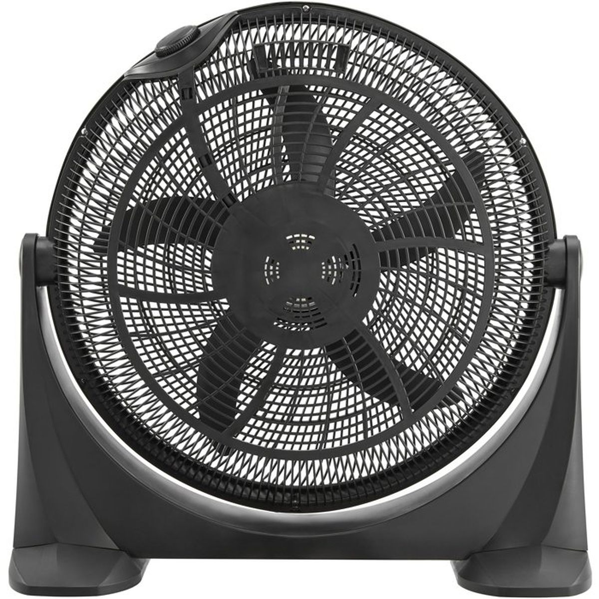 Un ventilatore da pavimento rotondo e nero con griglia e cinque pale.