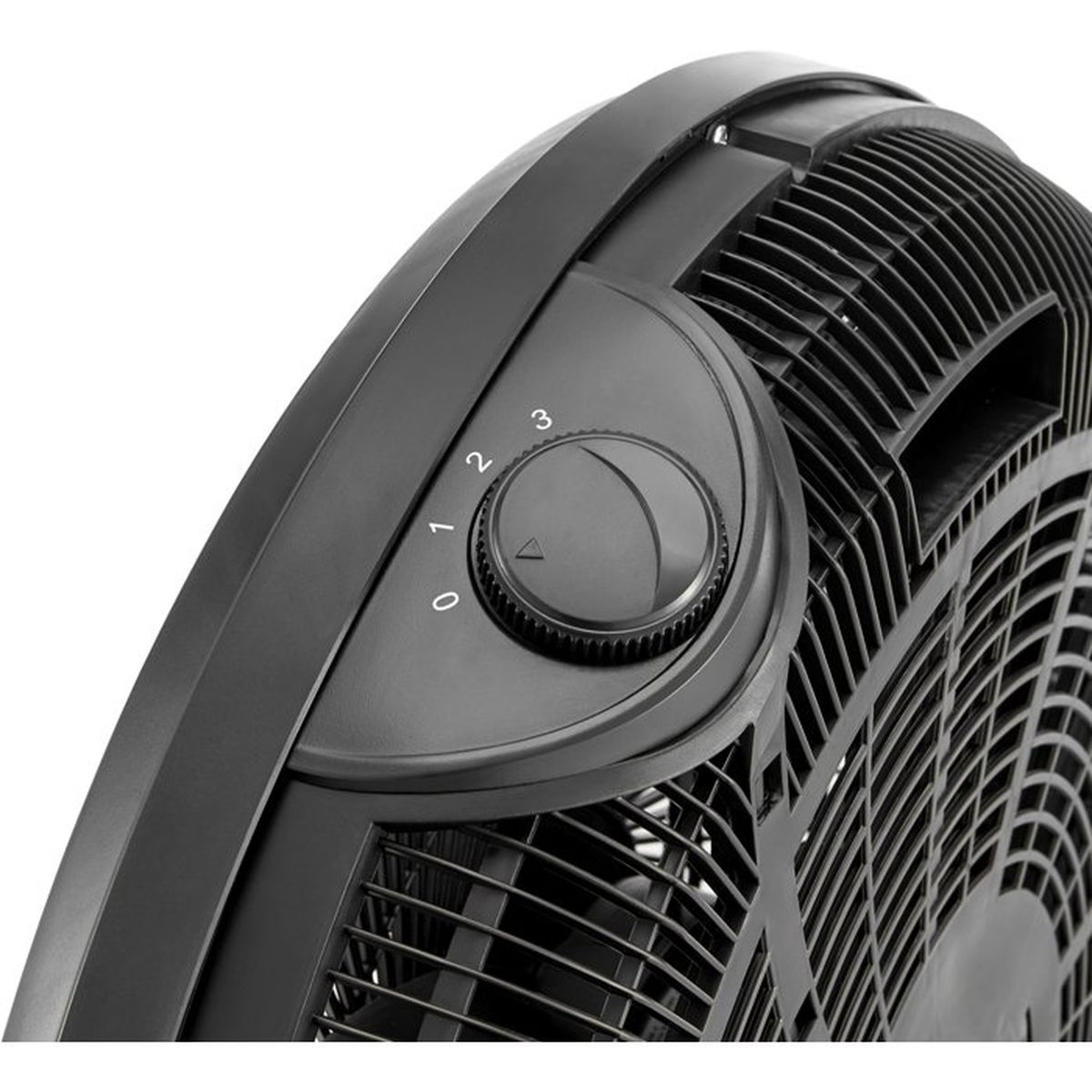 Ventilatore nero con quadrante per impostazioni di velocità 0, 1, 2, 3.