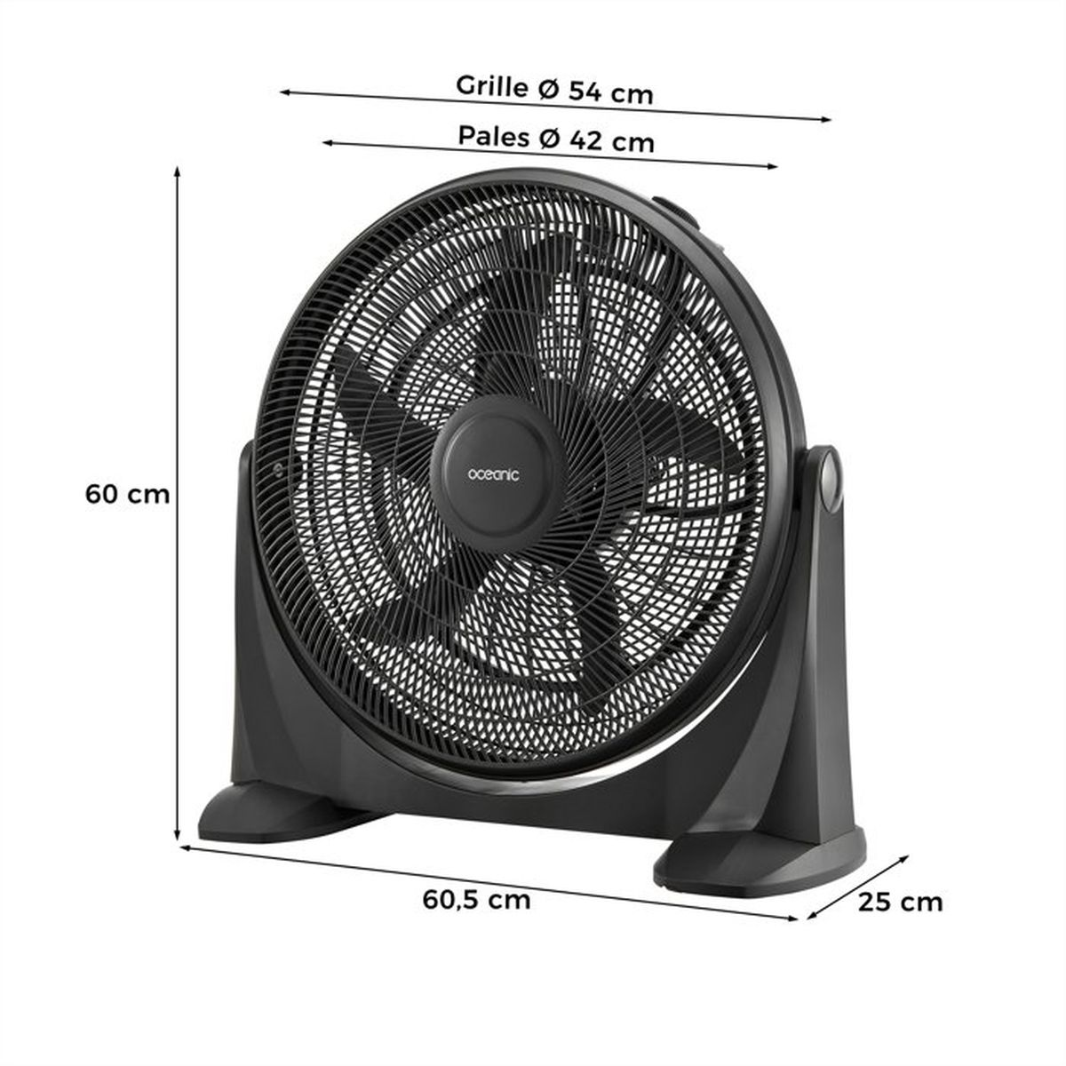 Ventilatore da terra nero con etichette dimensioni: 60 cm altezza, 60,5 cm larghezza, 25 cm prof.