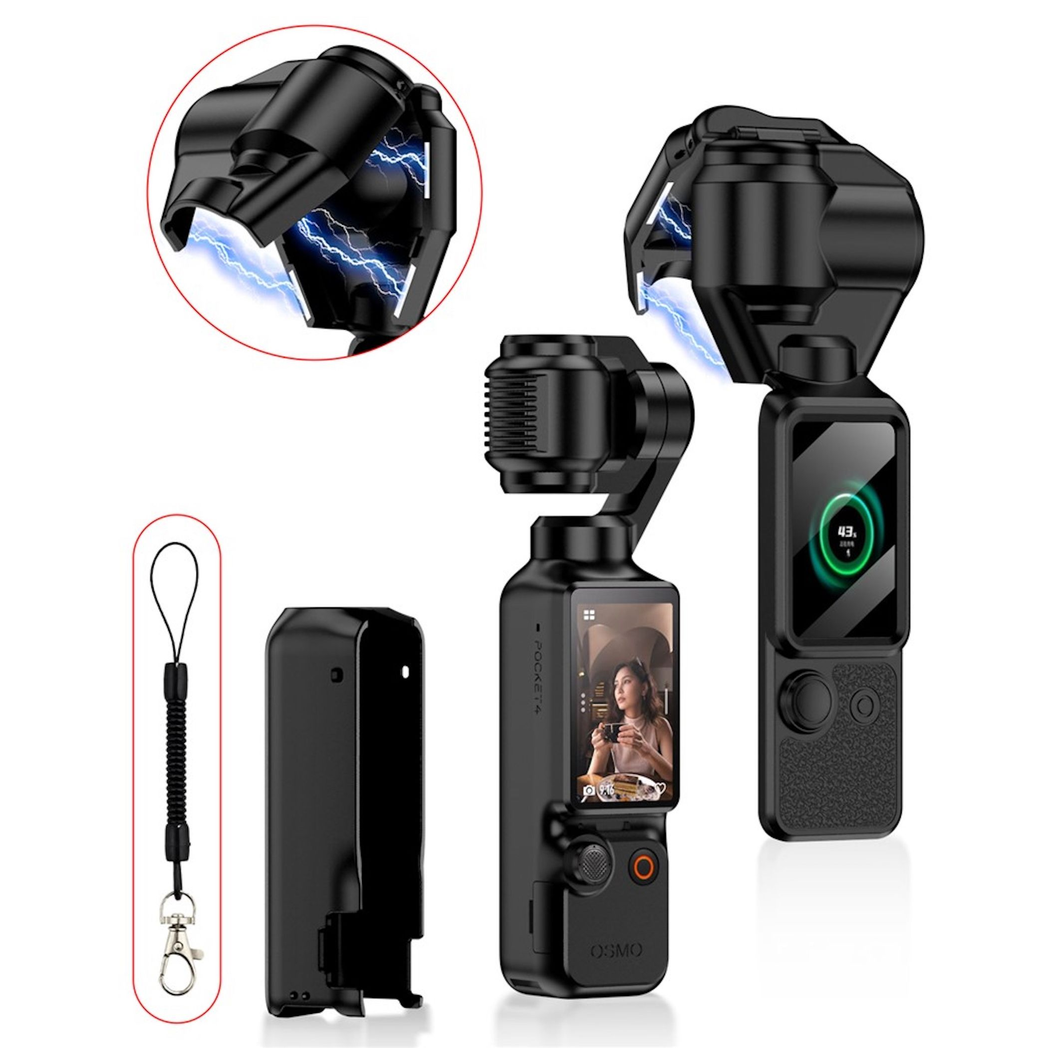Schwarzer Gimbal mit Anhänger und Schutzhülle, blaue Blitze auf dem Gimbal.