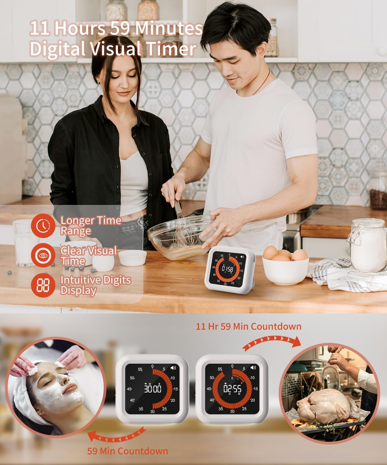 Ein Paar kocht in einer Küche mit einem digitalen Timer und Beispielen für die Verwendung.