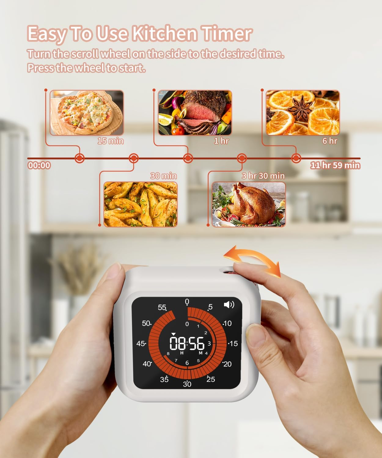 Hände bedienen einen weißen Küchentimer mit digitaler Anzeige. Oben sind Bilder von Gerichten.